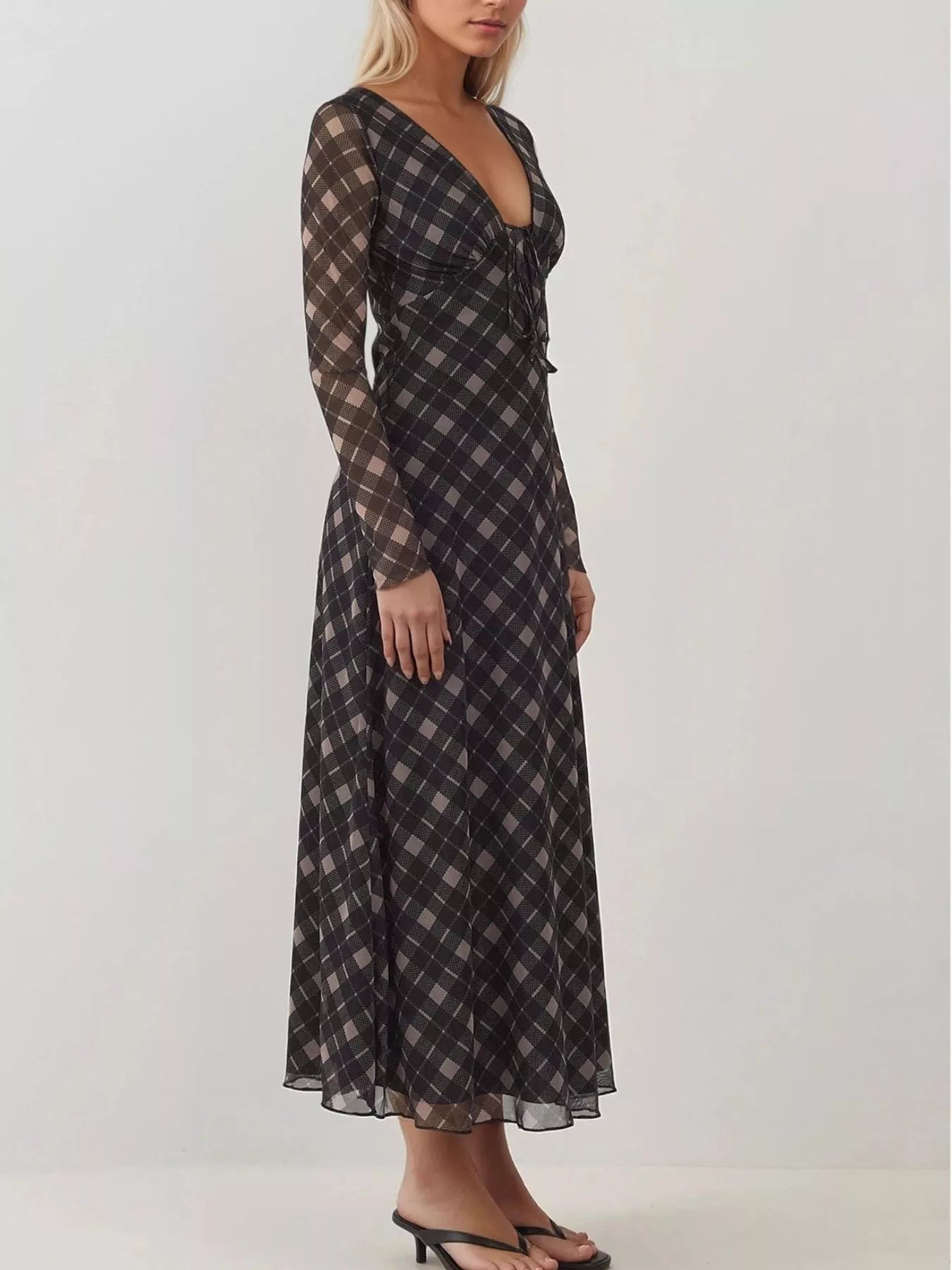 Tie Front Plaid Long Sleeve Dress