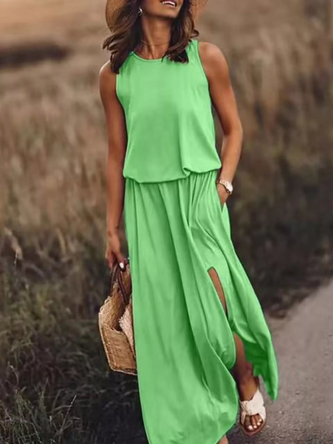 Full Size Round Neck Sleeveless Slit Maxi Dress Plus Size