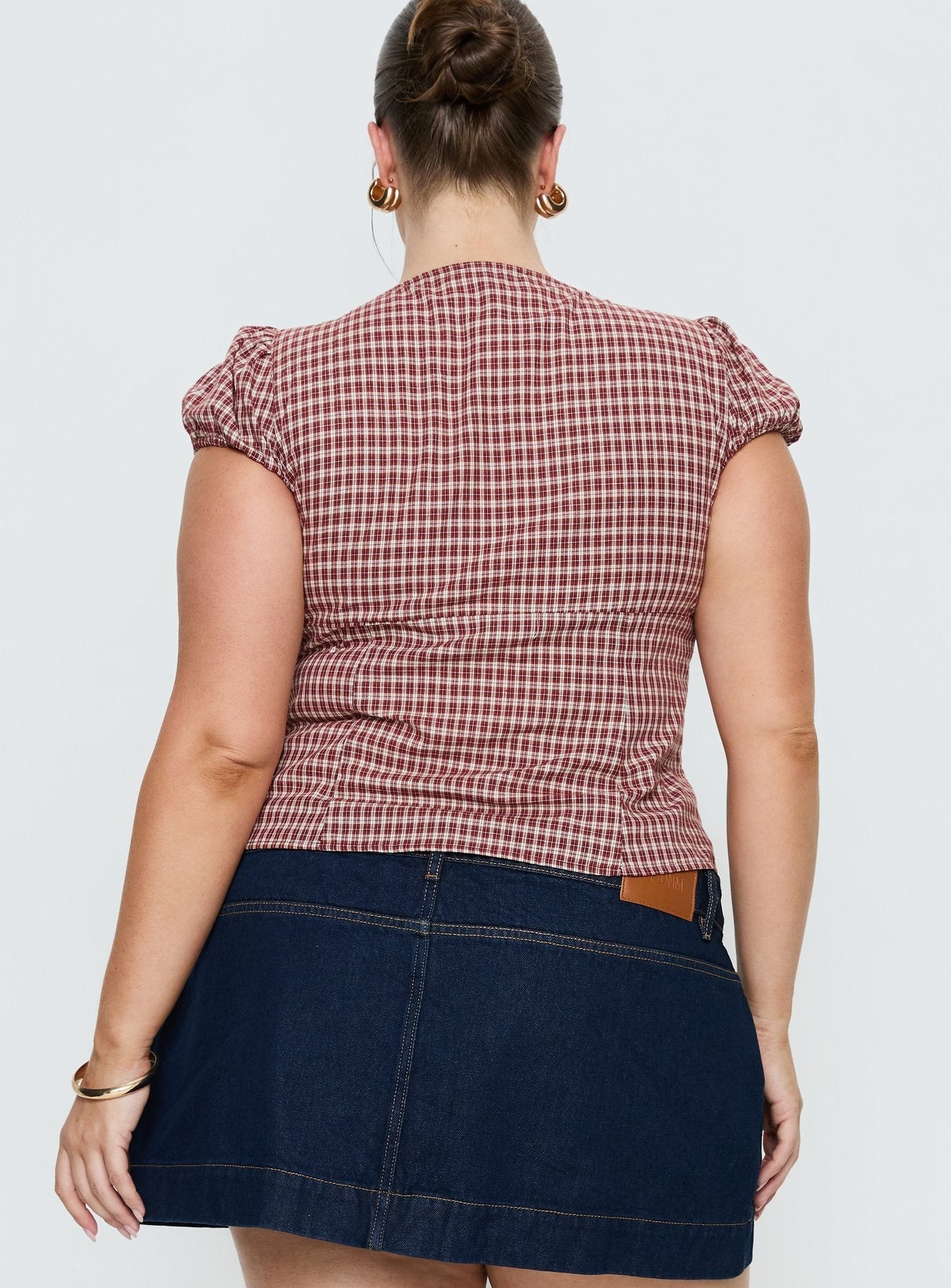 Alixandra Puff Sleeve Blouse Top Red Check Curve