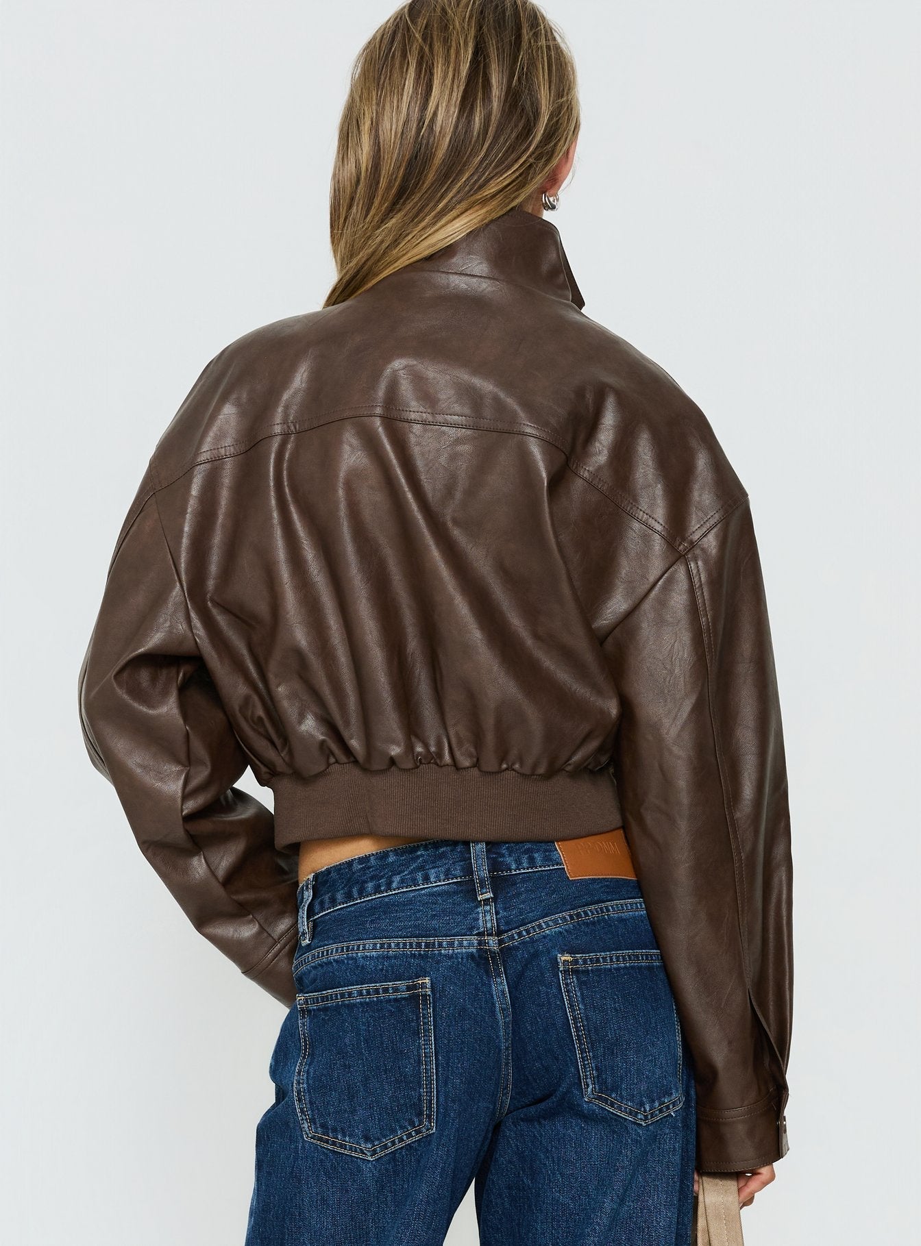 Ace Player Funnel Neck Faux Leather Jacket Brown