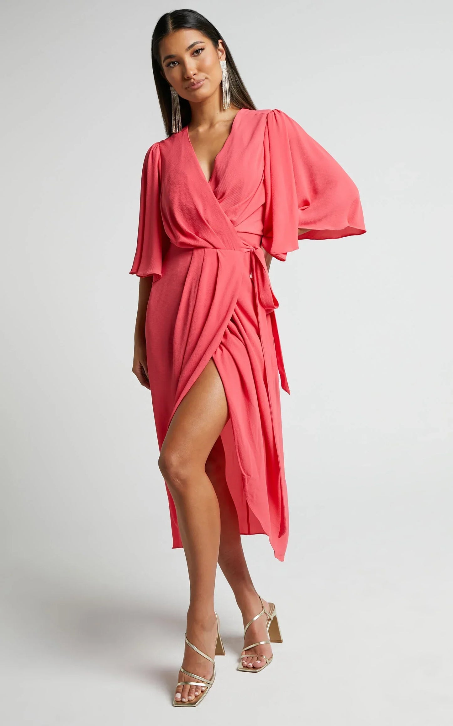 Meagan Midi Dress - V Neck Flutter Sleeve Pleated Detail Wrap in Pink