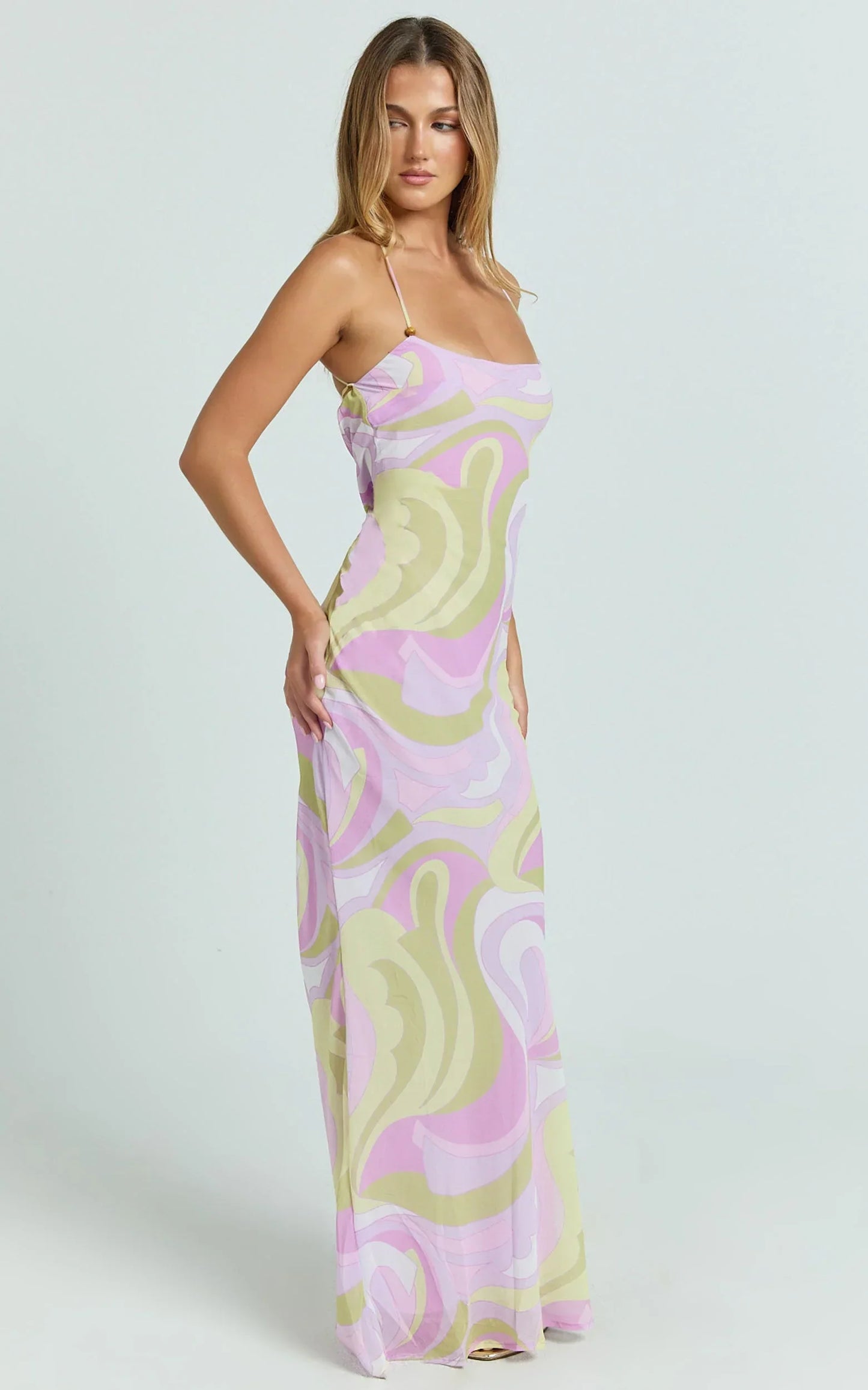 Krishna Maxi Dress - Strappy Scoop Neck Floral Placement Print Georgette Dress in Swirl Print