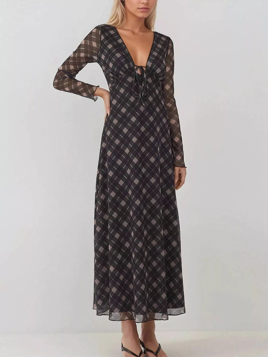 Tie Front Plaid Long Sleeve Dress