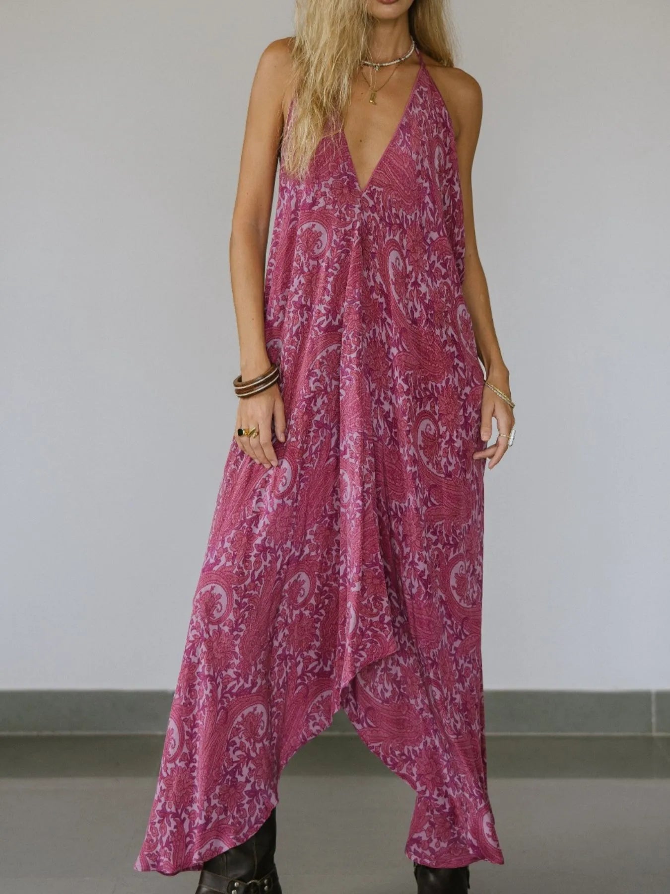 Backless Printed Halter Neck Maxi Dress
