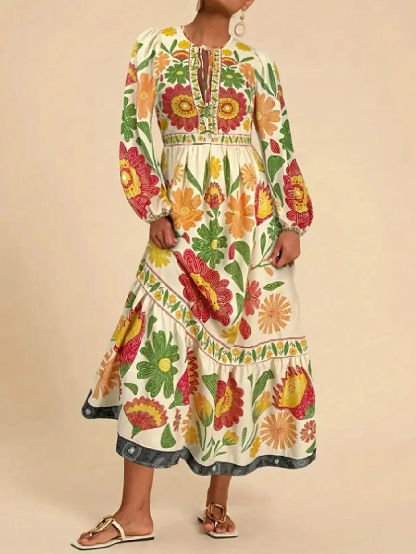 Floral Tie Waist Long Sleeve Dress