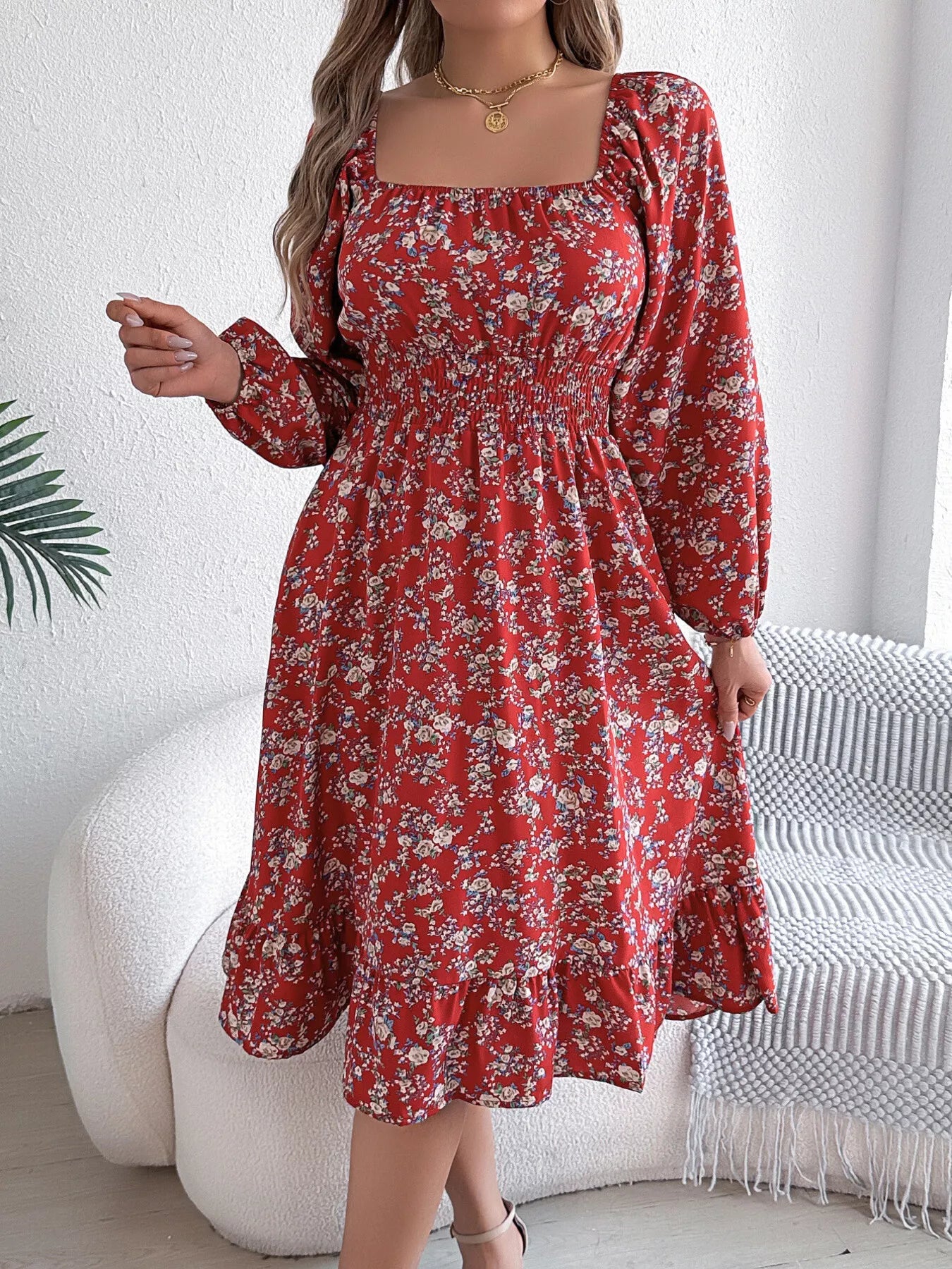 Floral Print Long Sleeve Square Neck Midi Dress