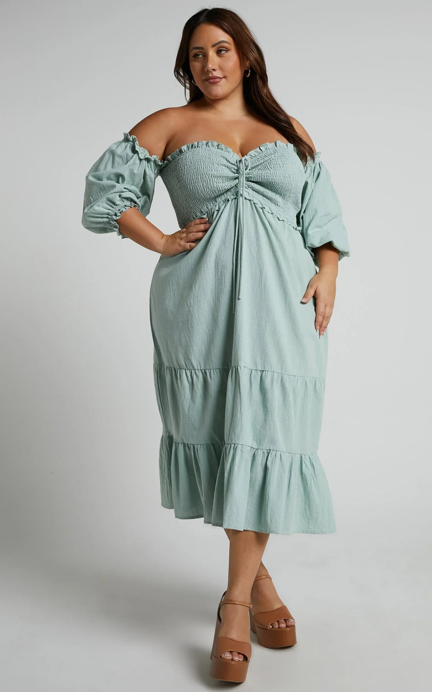 Nikka Midi Linen Blend Dress - Shirred Off Shoulder Puff Sleeve Dress in Sage