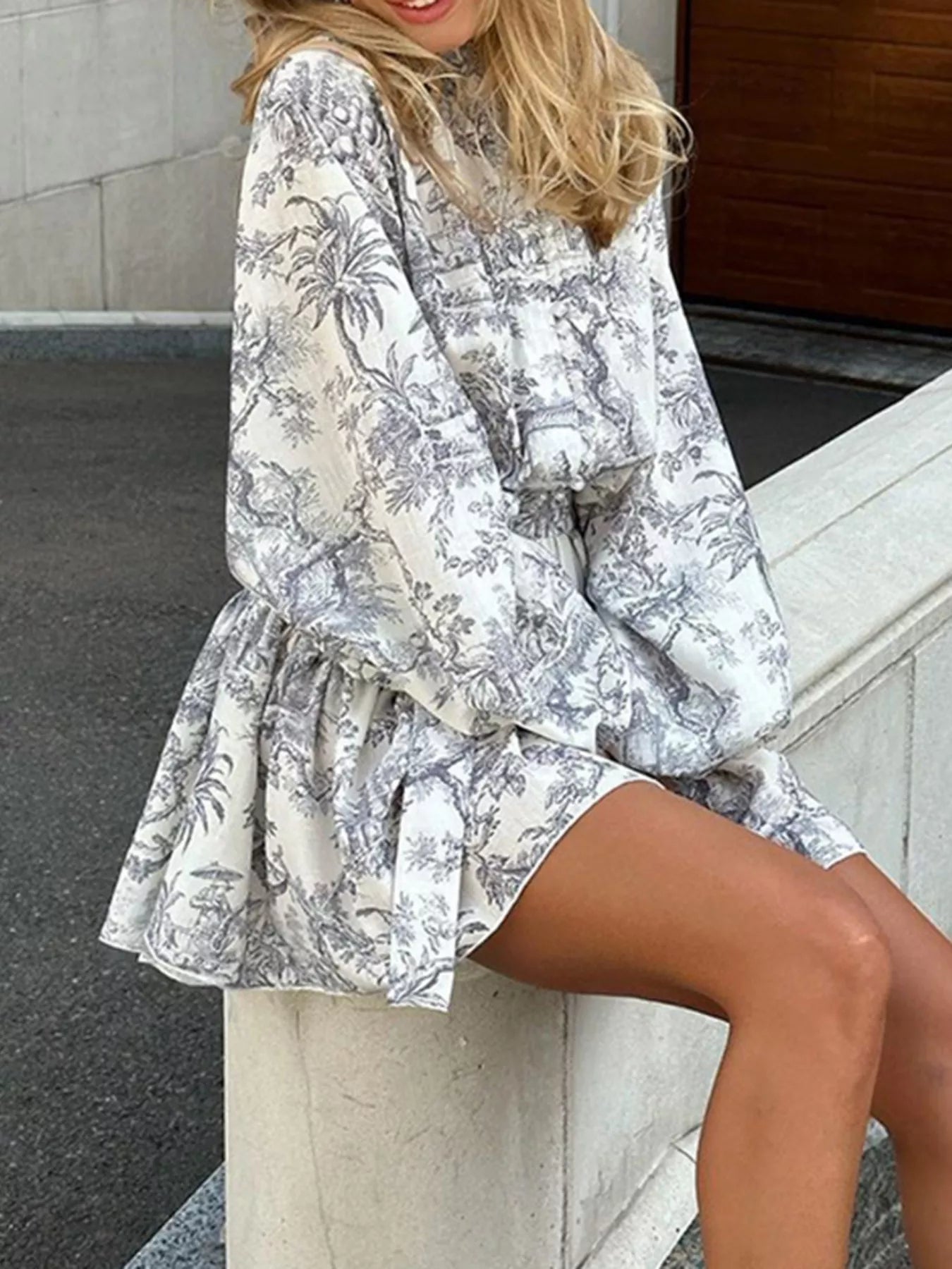 Printed Balloon Sleeve Tie Waist Dress