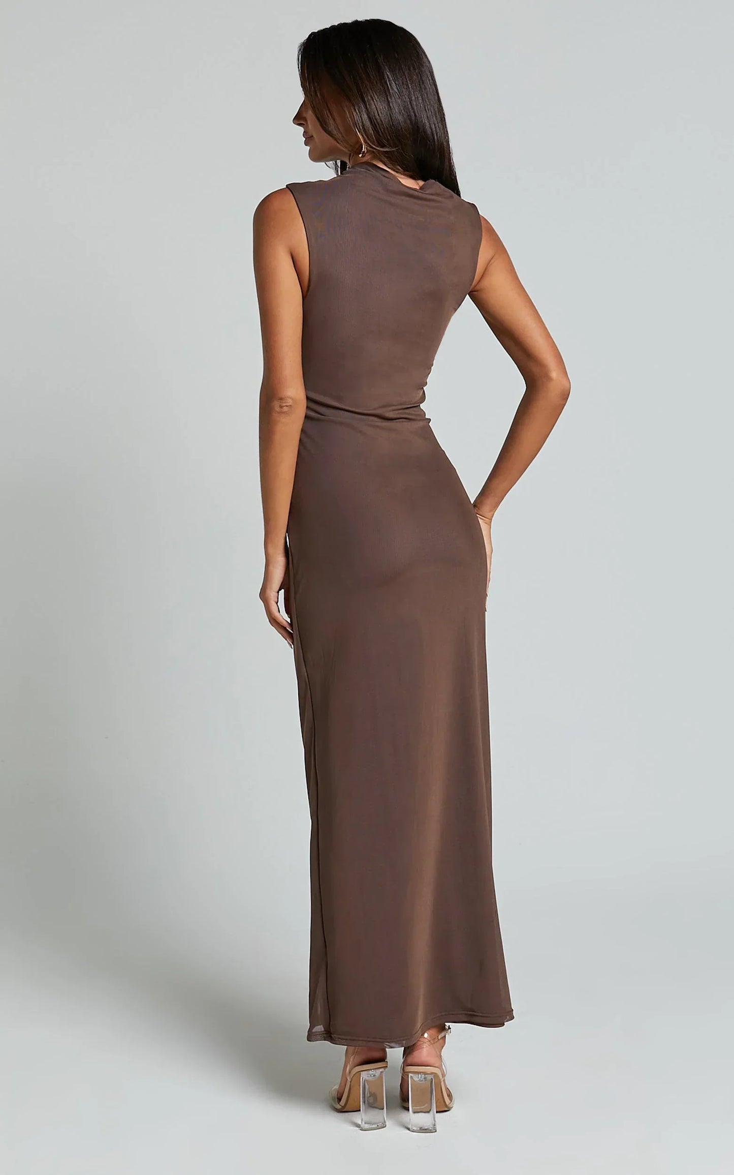 Lara Midi Dress - Asymmetrical Ruched Mesh Dress in Chocolate