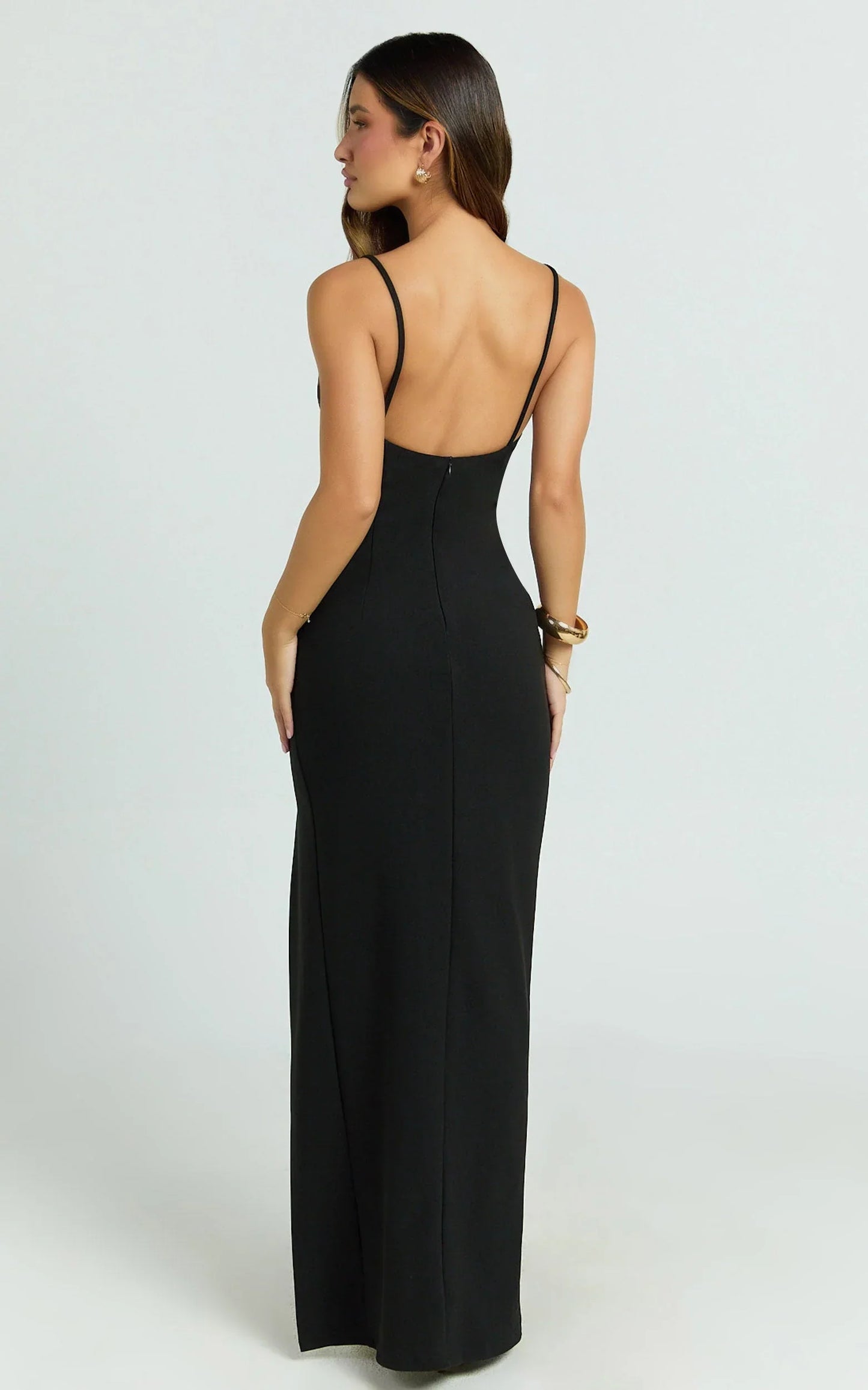 Loralie Maxi Dress - V Neck Low Back Bodycon Dress in Black