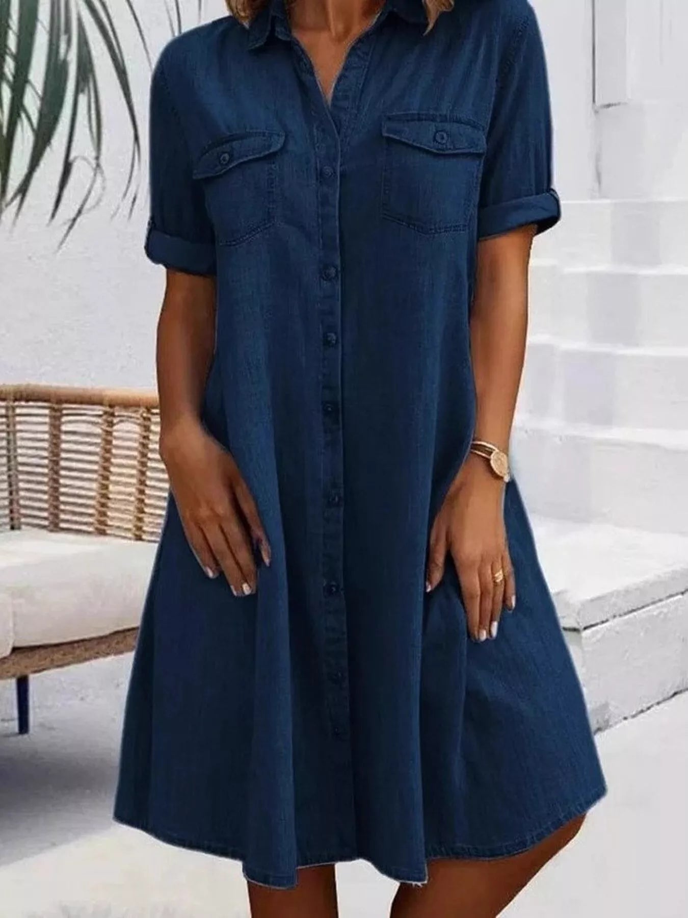 Full Size Button-Front Short Sleeve Denim Dress Plus Size
