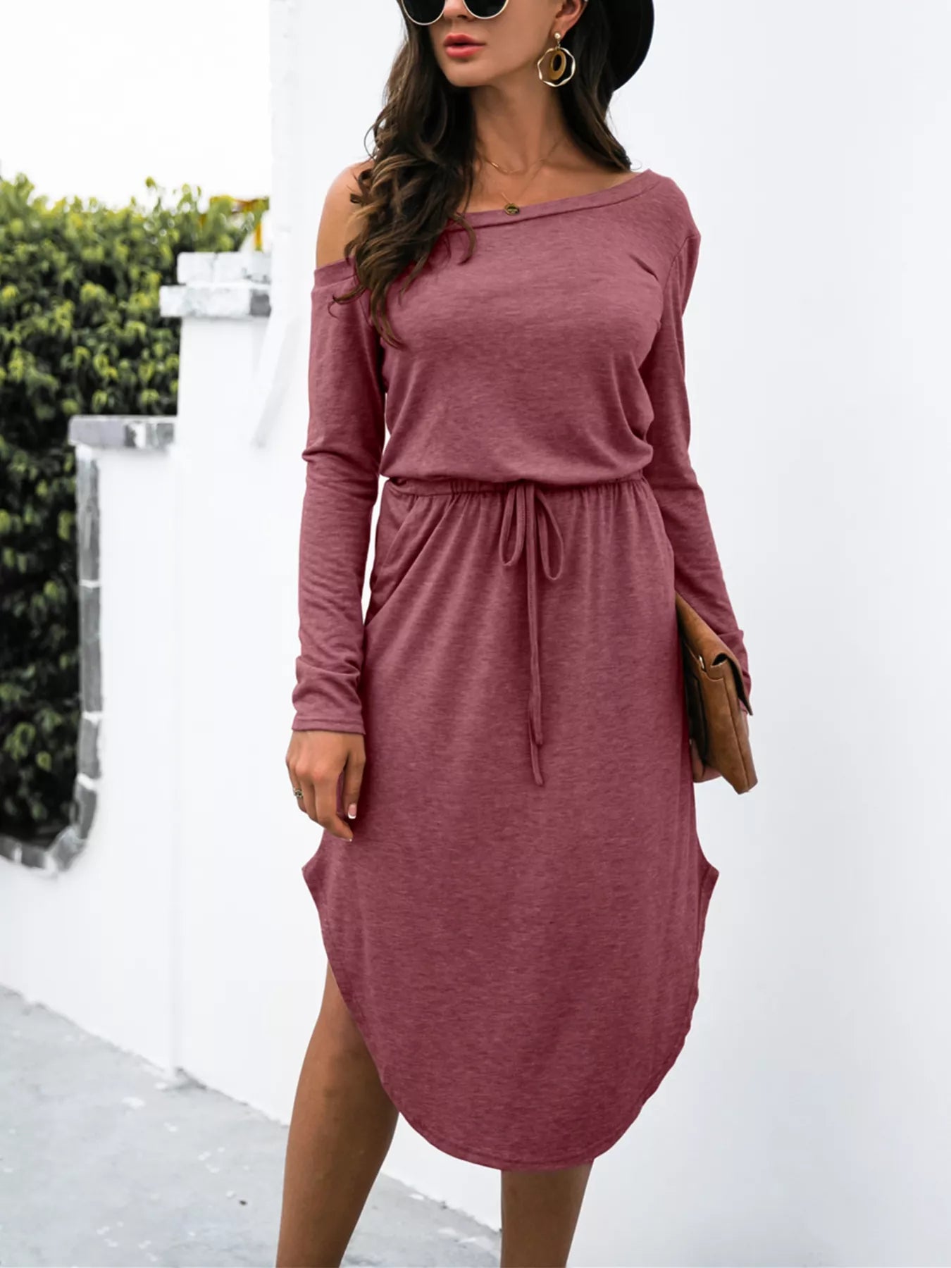 One-Shoulder Long Sleeve Midi Dress with Drawstring Waist