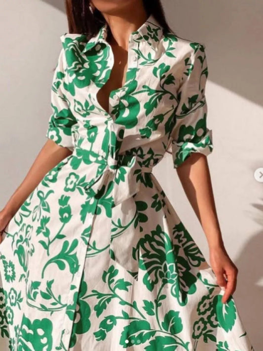 Printed Tie Waist Shirt Dress