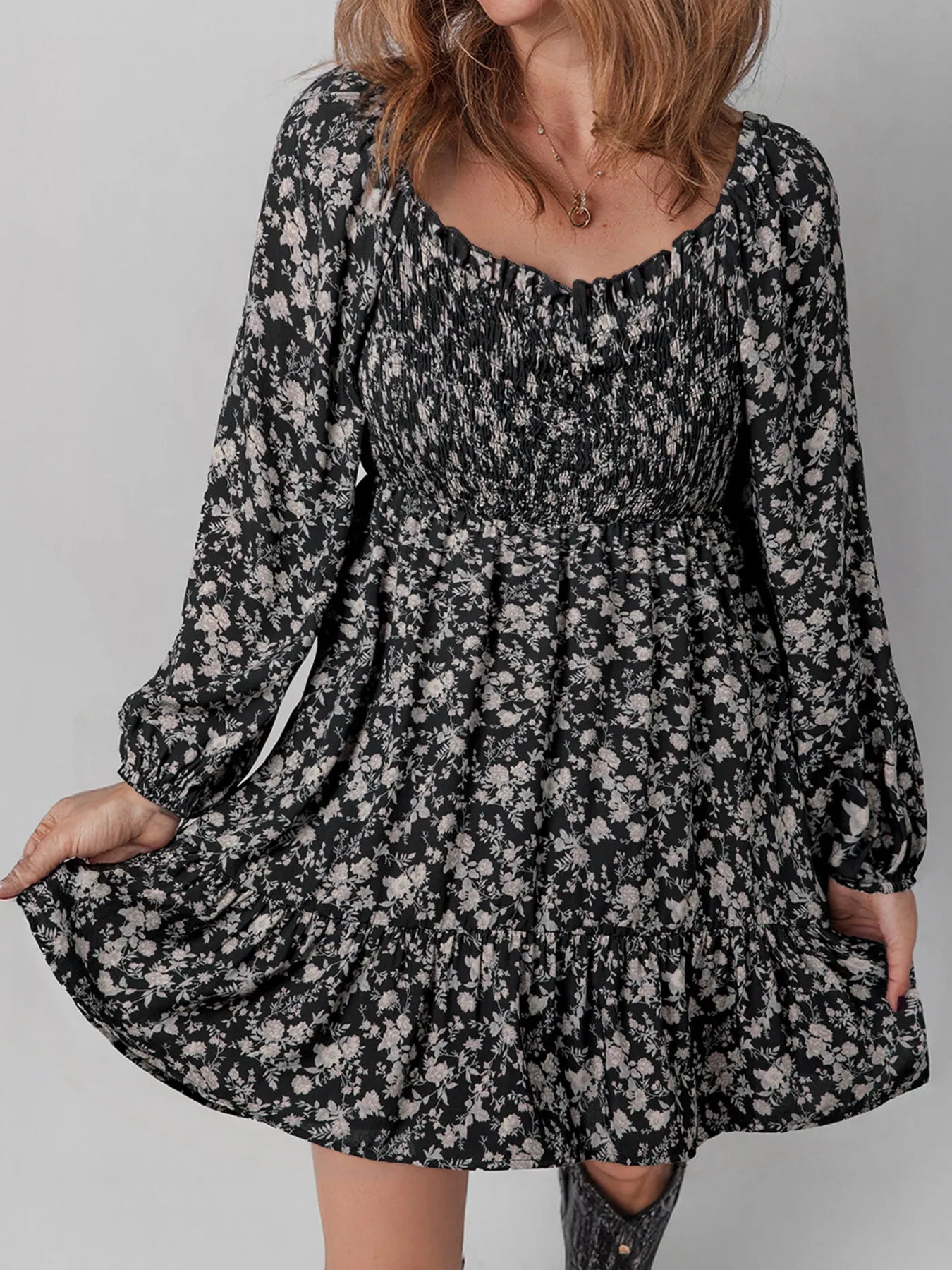 Floral Long Sleeve Frilly Shirred Mini Dress