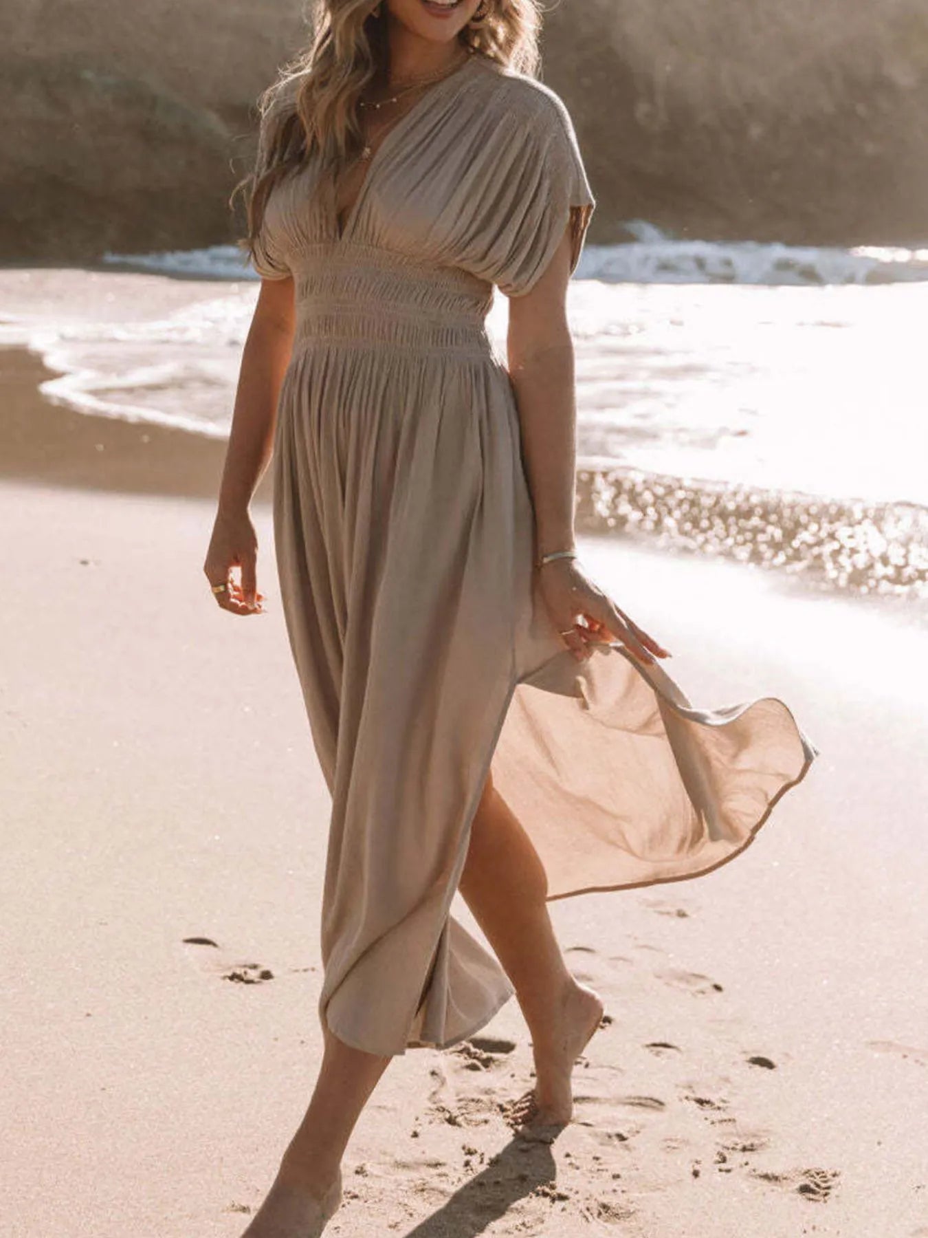 Full Size Deep V-Neck Maxi Dress with Side Slit Plus Size
