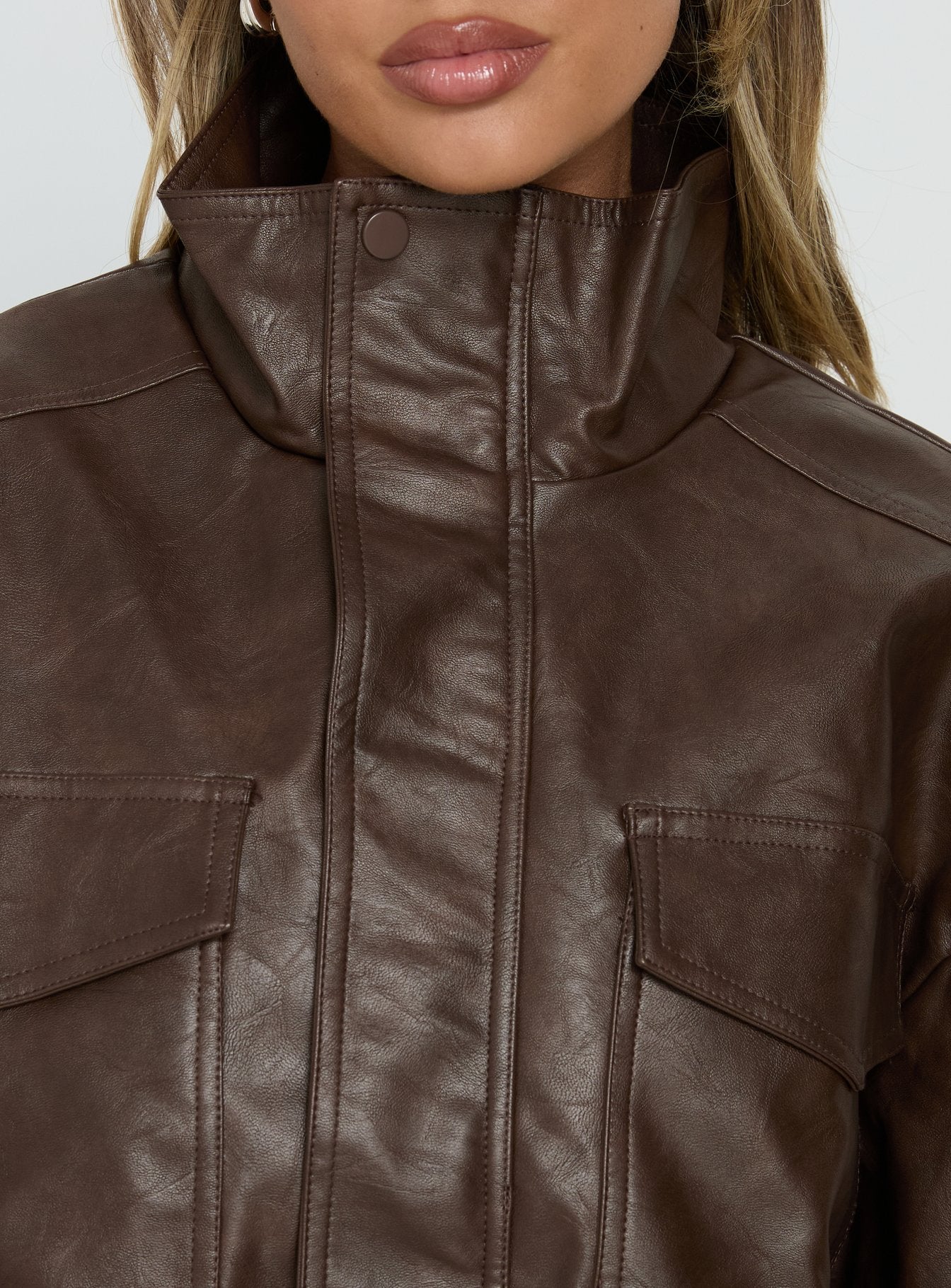 Ace Player Funnel Neck Faux Leather Jacket Brown