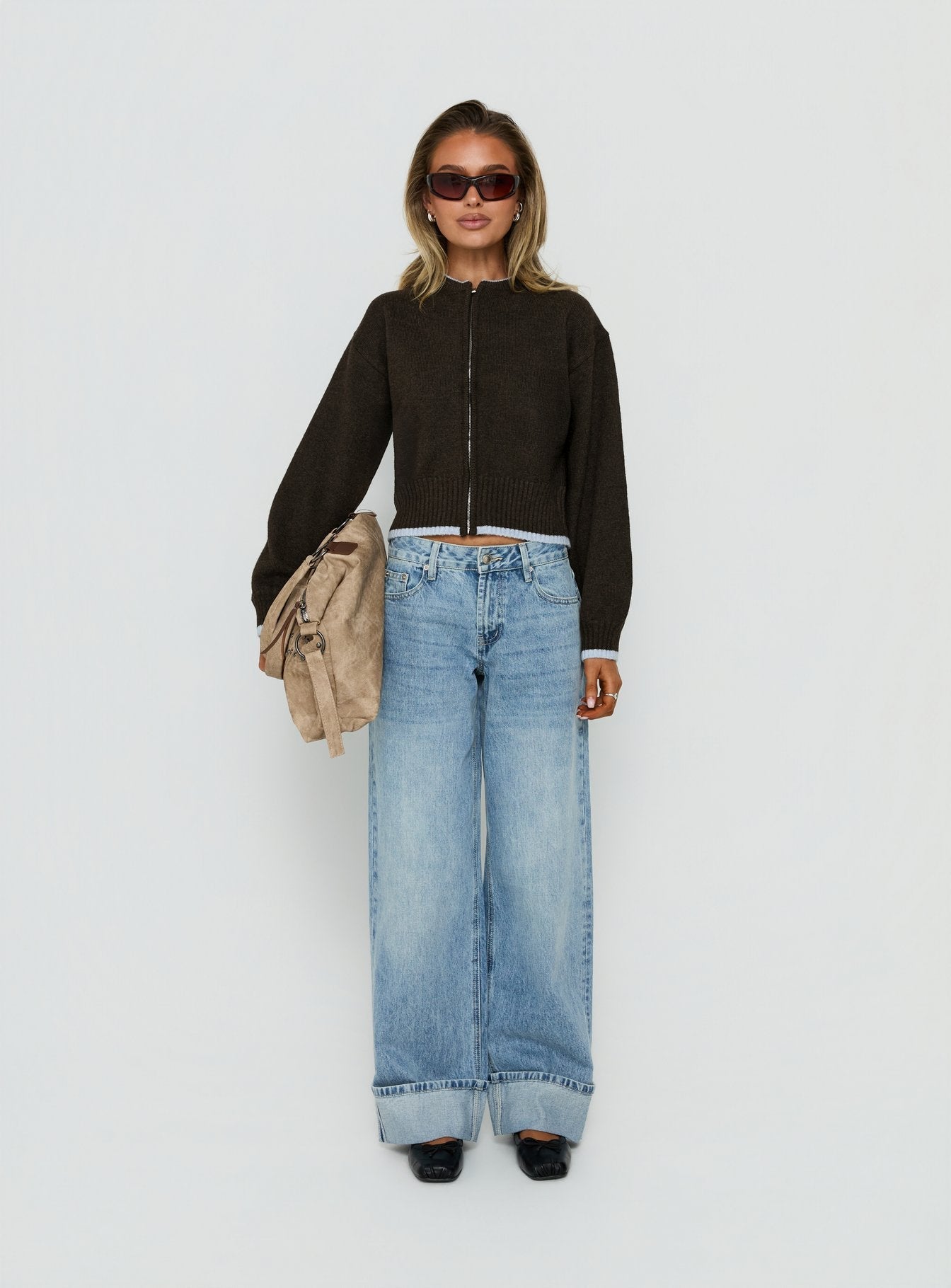 Amandi Zip Through Knit Jumper Chocolate / Blue
