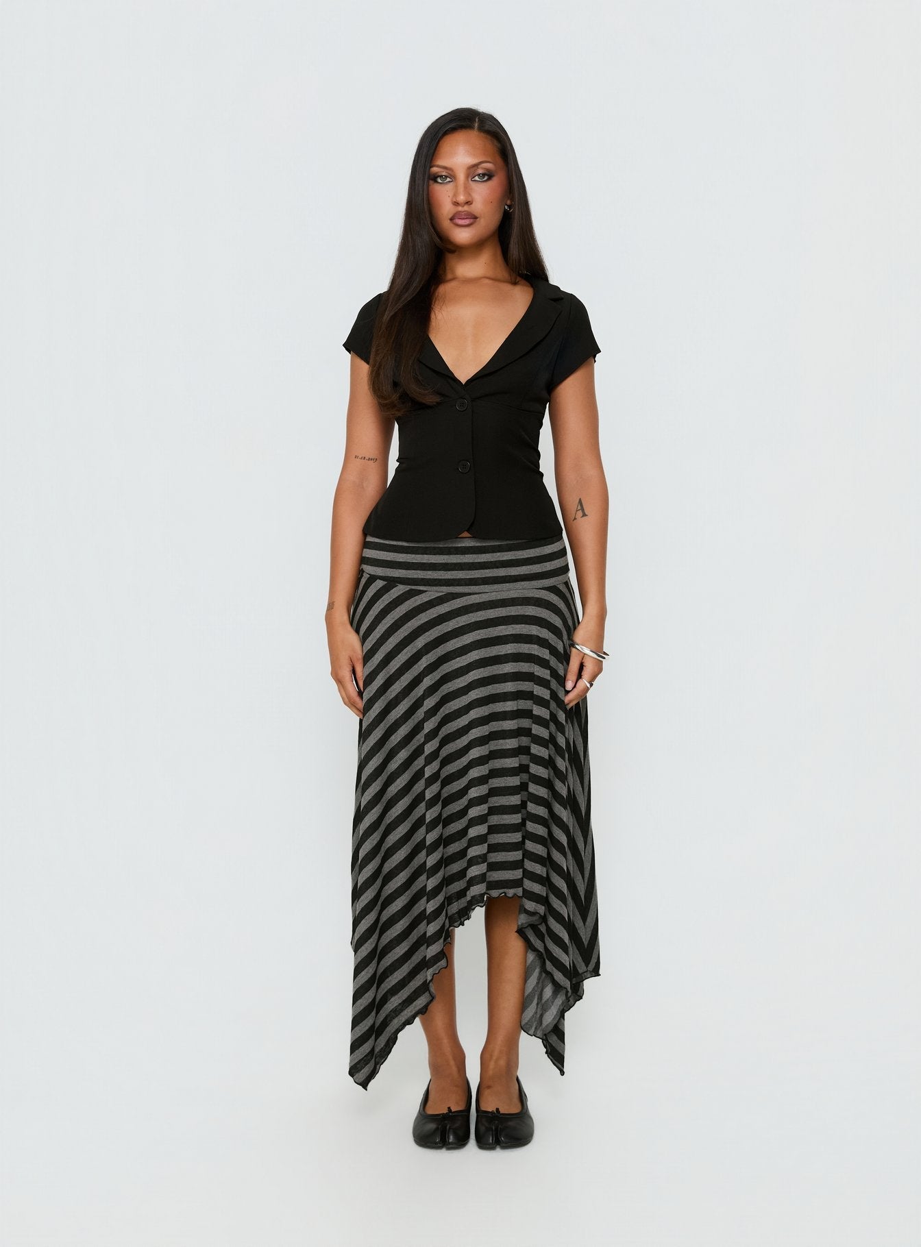 Alevia Asymmetrical Midi Skirt Black / Grey Stripe