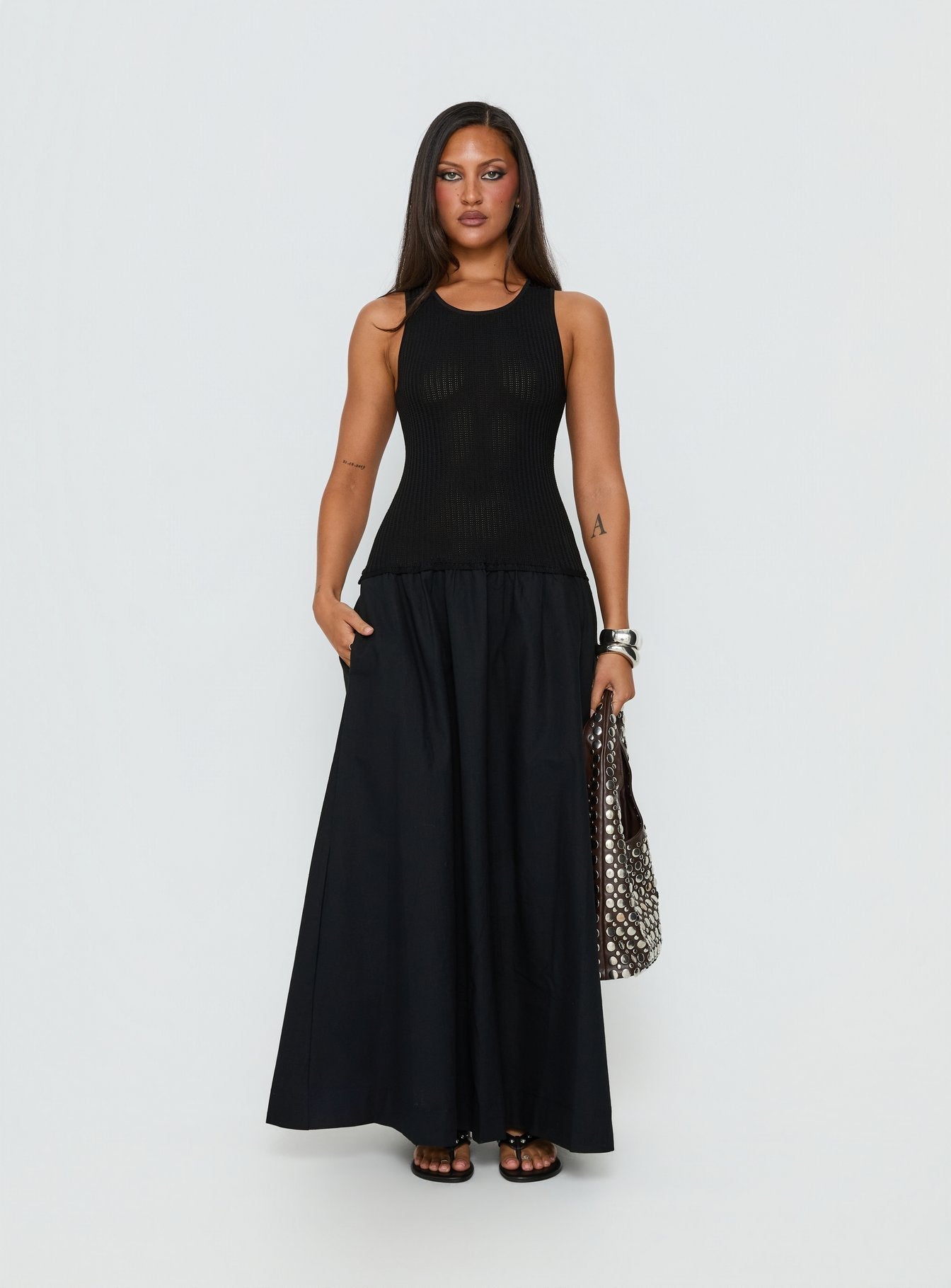 Carlene Shirred Drop Waist Maxi Dress Black