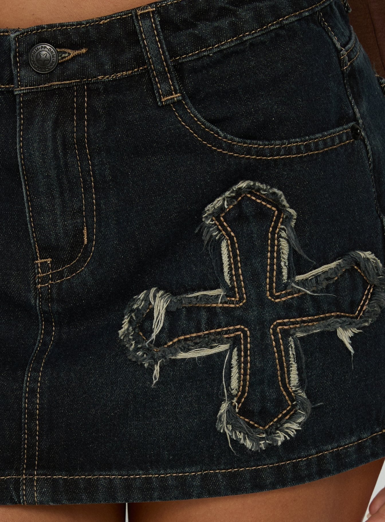 Barracuda Applique Denim Mini Skirt Grunge Wash