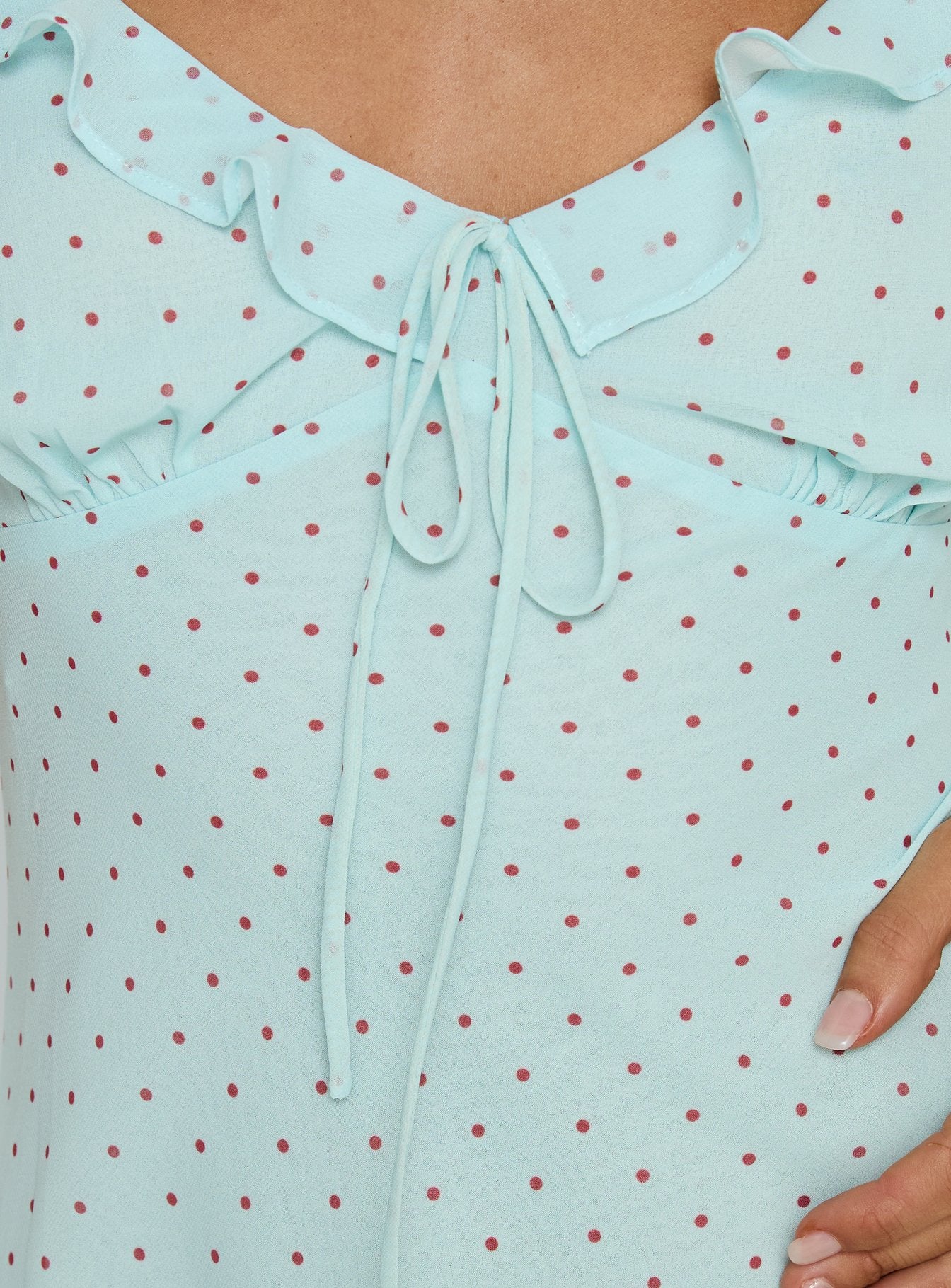 Aryelle Chiffon Frill Maxi Dress Blue Polka Dot