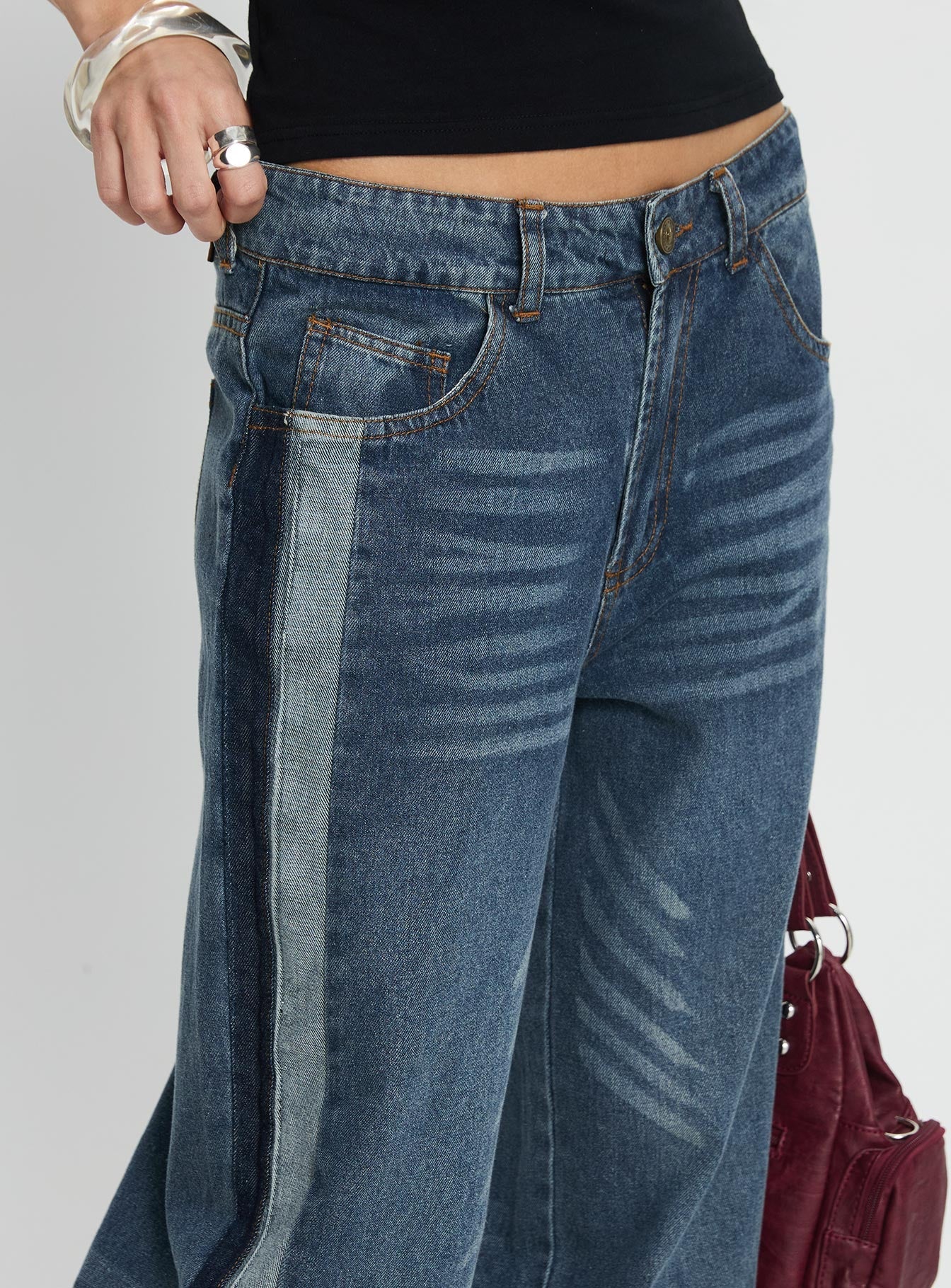 Born Again Mid Rise Straight Leg Contrast Detail Jeans Dark Blue