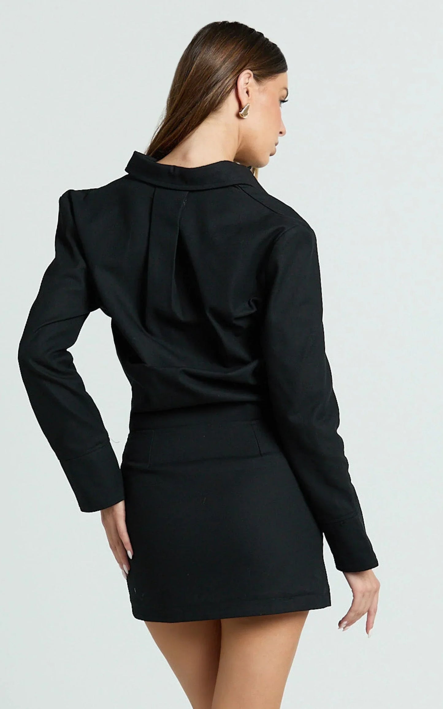 Lizzie Mini Dress - Long Sleeve Button Front Shirt Dress in Black