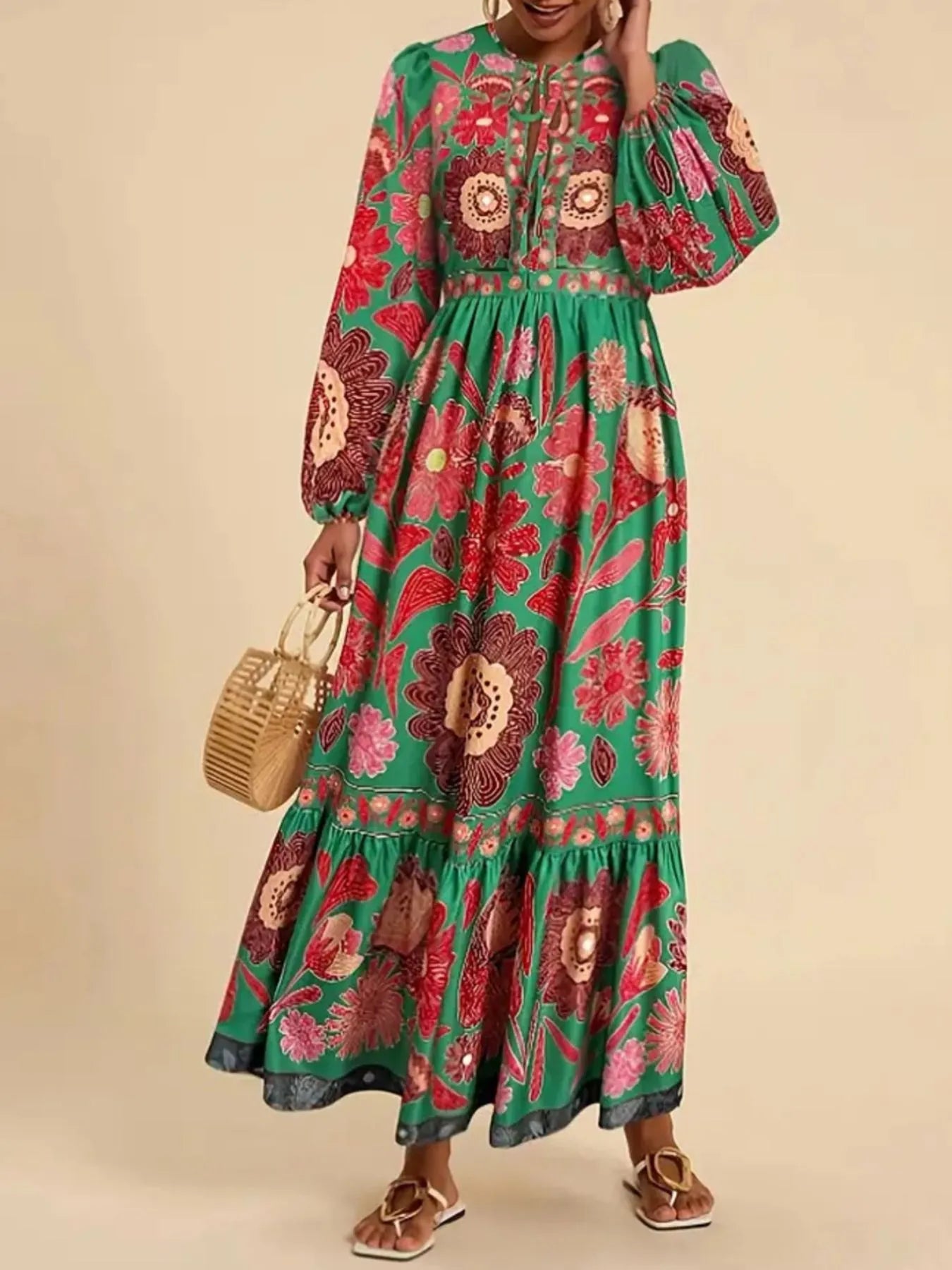 Floral Tie Waist Long Sleeve Dress