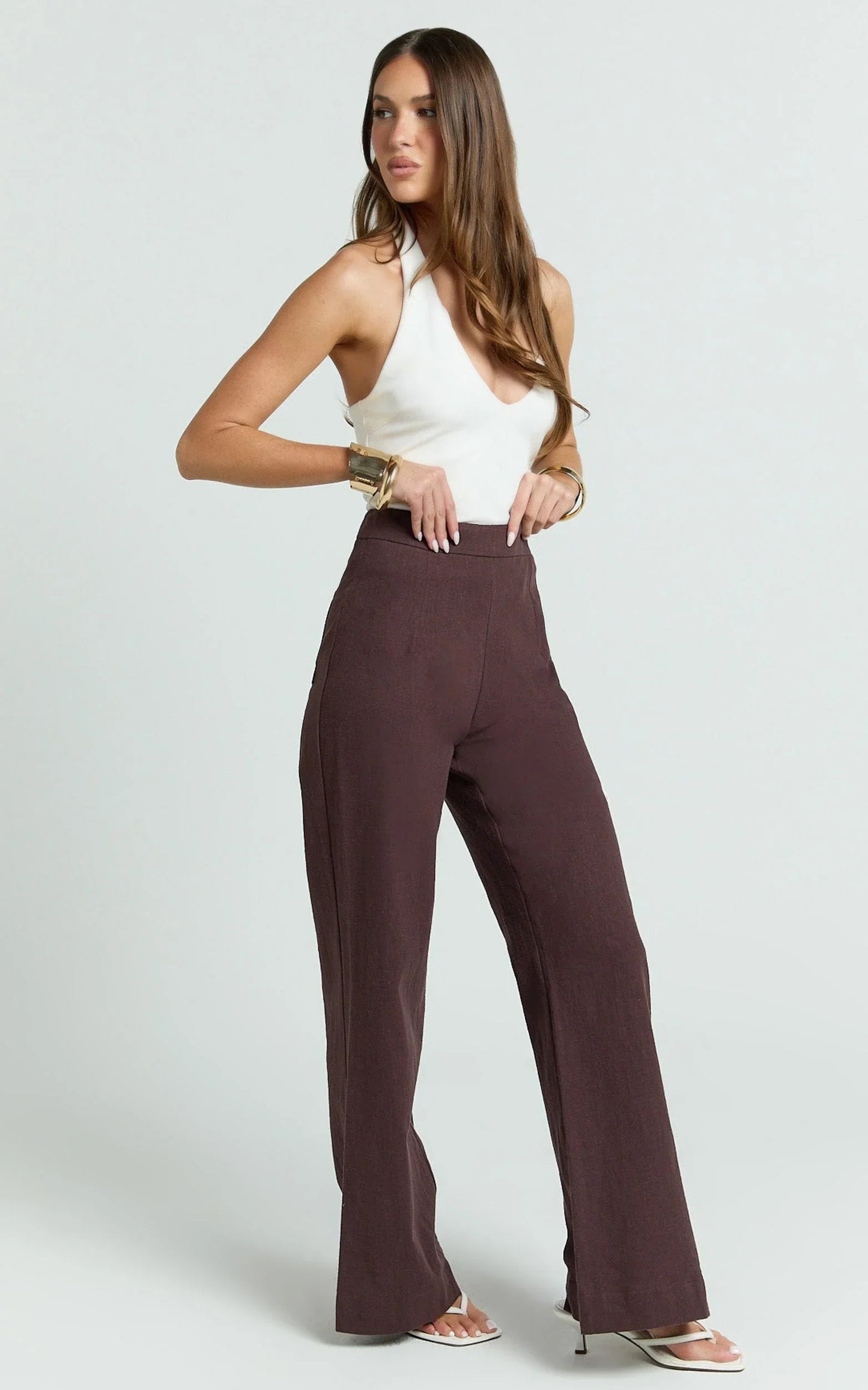 Narcisa Pants - Linen Look High Waist Bootleg Pants in Chocolate