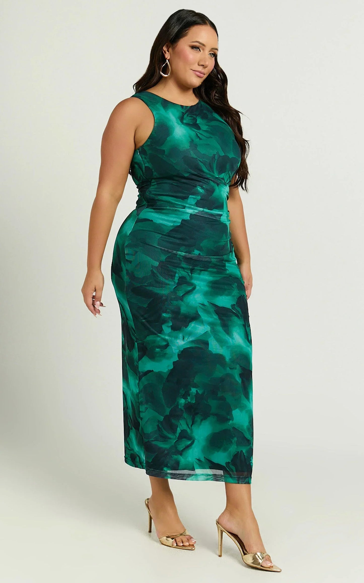 Loralie Midi Dress - Mesh High Neck Bodycon Dress in Green Floral Print