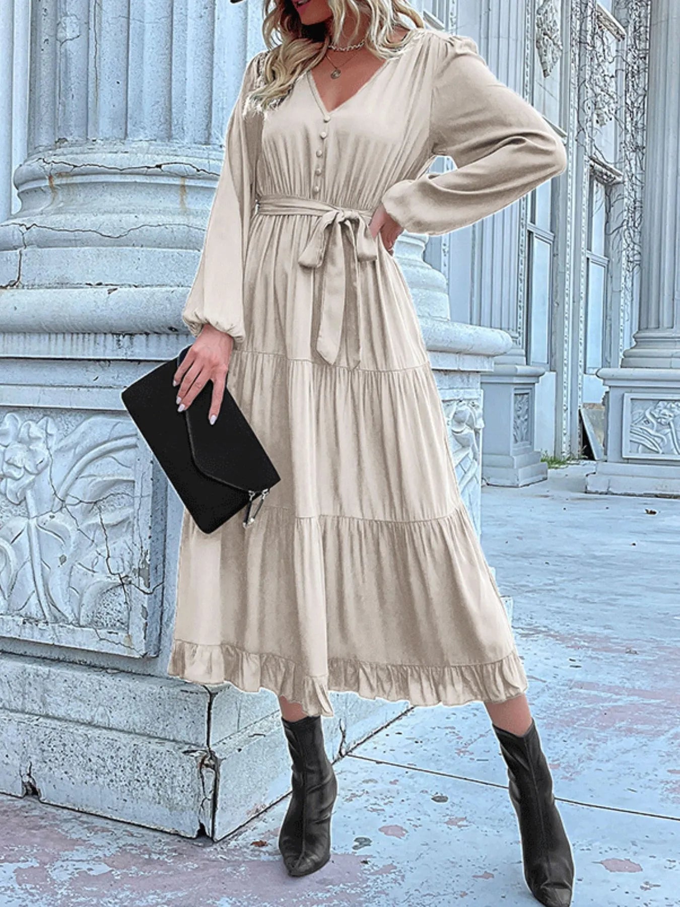 Ruffled Hem V-Neck Balloon Sleeve Dress