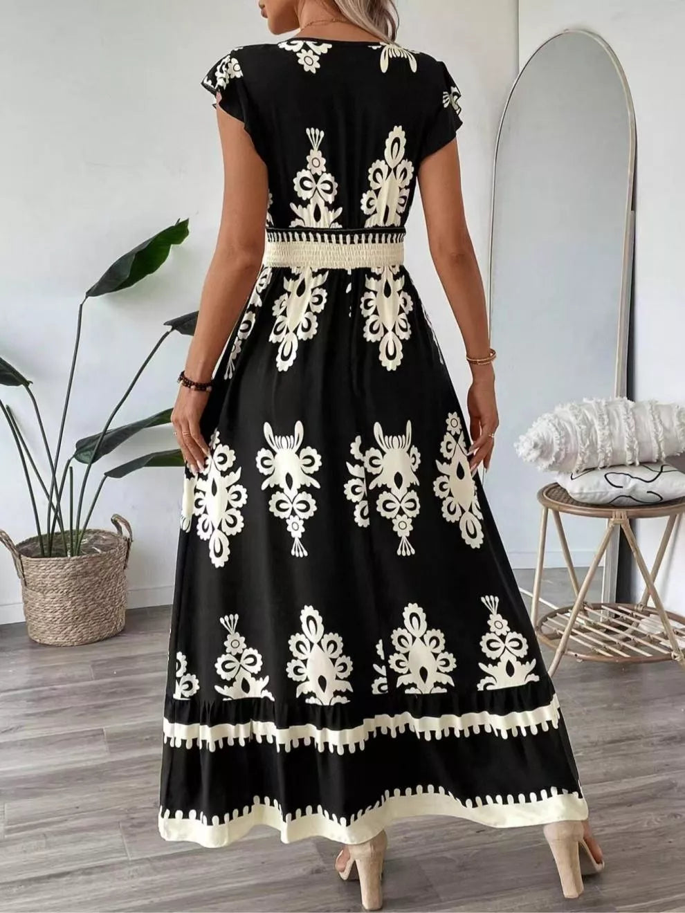 Printed V-Neck Ruffled Cap Sleeve Dress