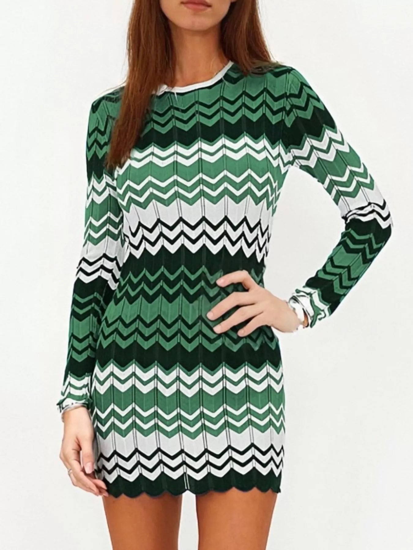 Openwork Wave Pattern Long Sleeve Sweater Dress
