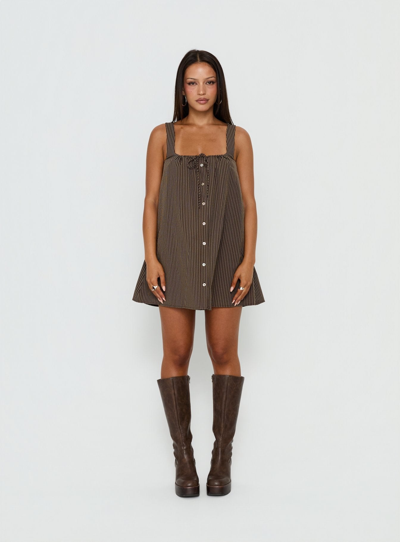 Bambalina Babydoll Mini Dress Brown Stripe