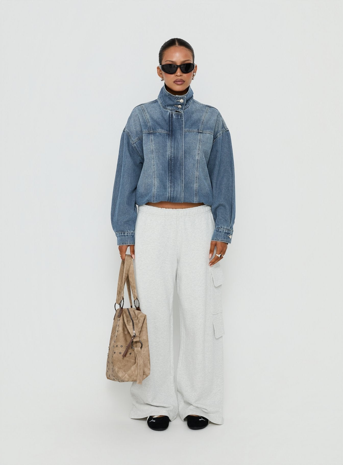 Alfea Funnel Neck Denim Bomber Jacket Mid Blue Wash
