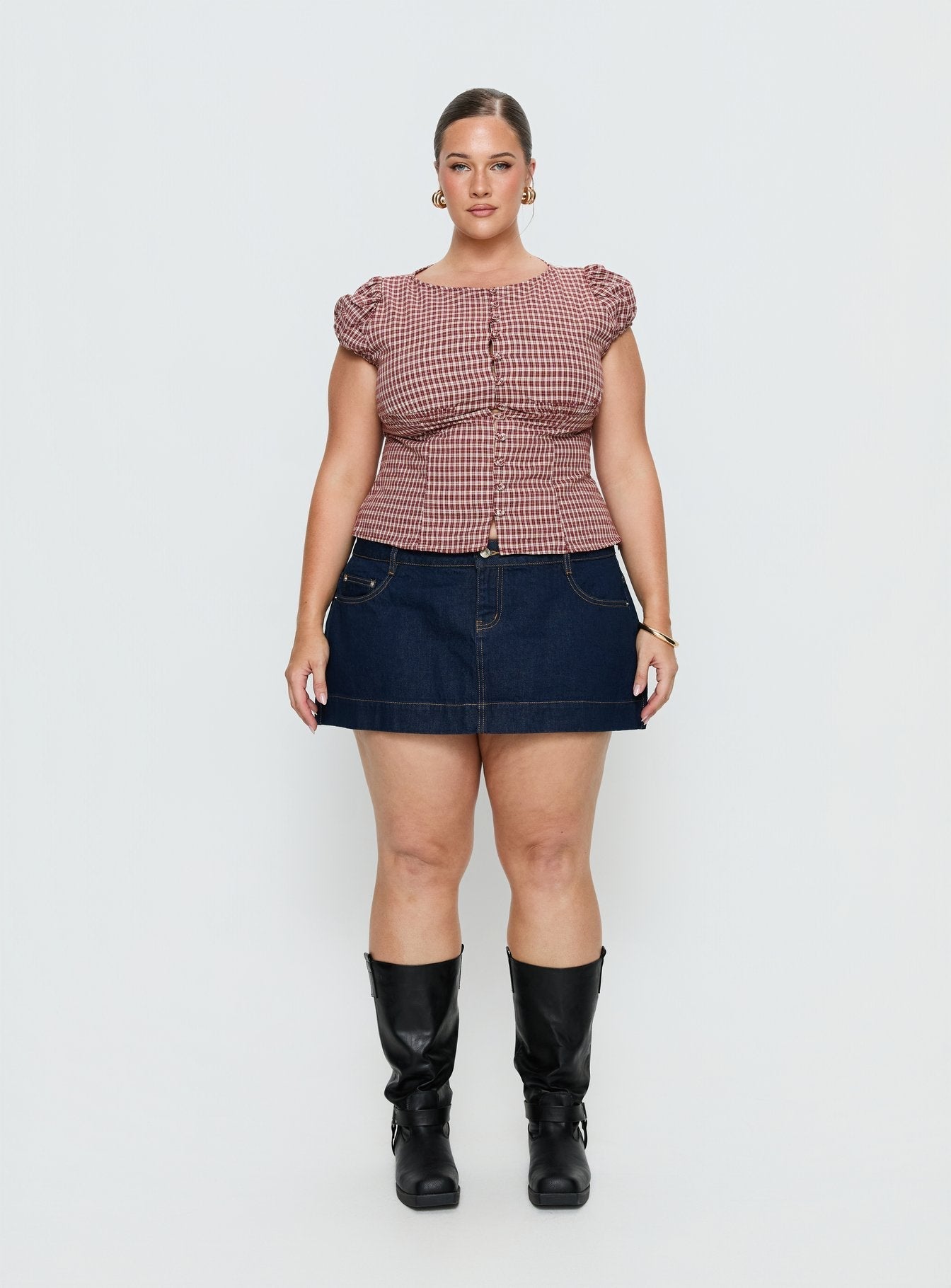 Alixandra Puff Sleeve Blouse Top Red Check Curve