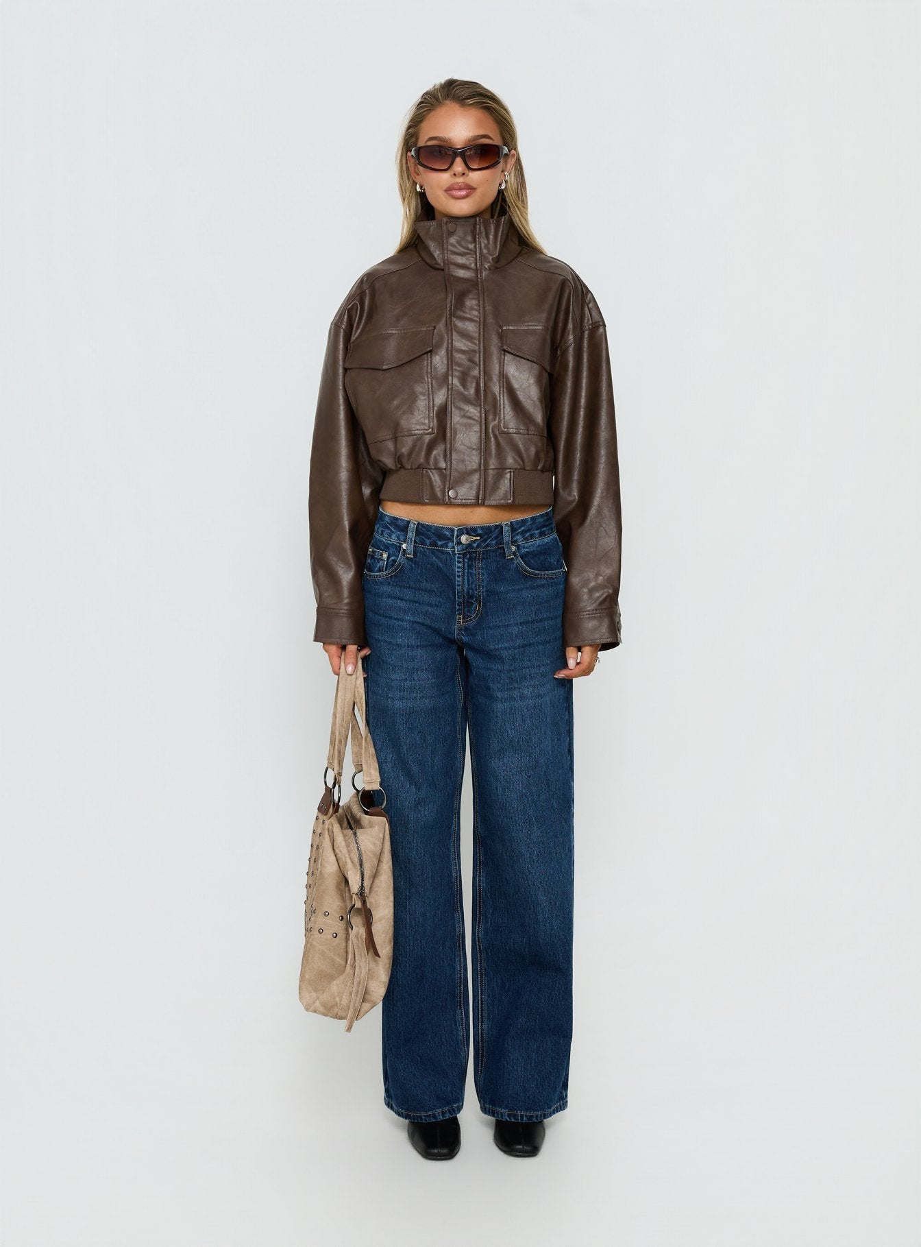 Ace Player Funnel Neck Faux Leather Jacket Brown