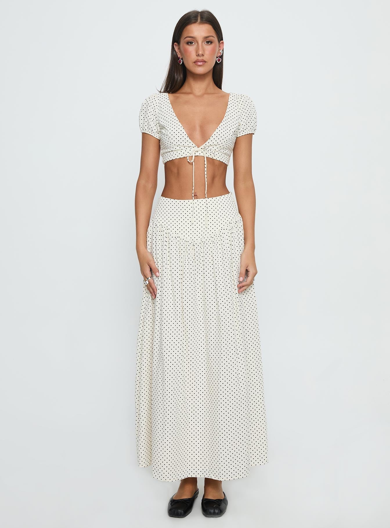 Alletta Drop Waist Maxi Skirt Cream Polka Dot