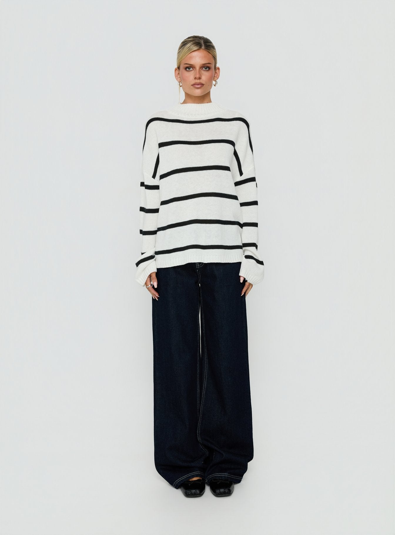 Alara Mock Neck Knit Sweater White Stripe
