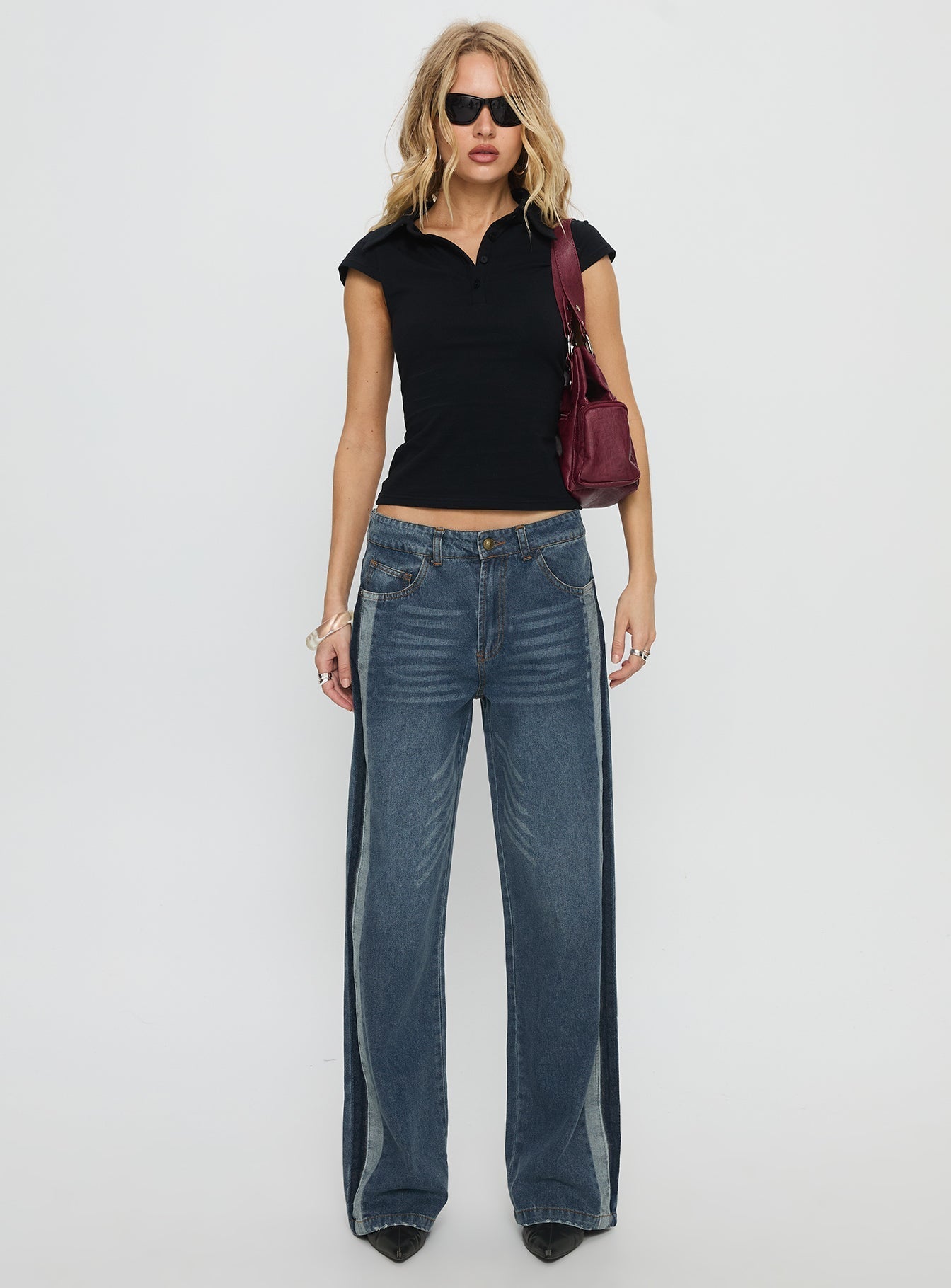 Born Again Mid Rise Straight Leg Contrast Detail Jeans Dark Blue