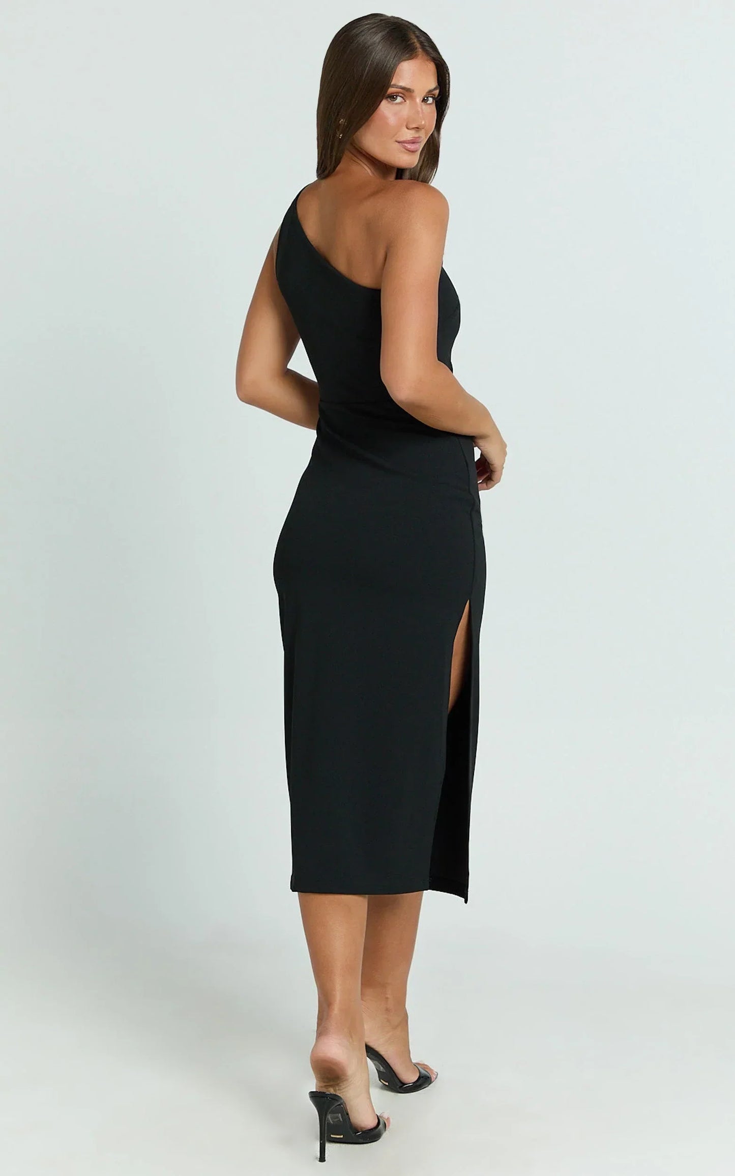Monette Midi Dress - One Shoulder Straight Dress in Black