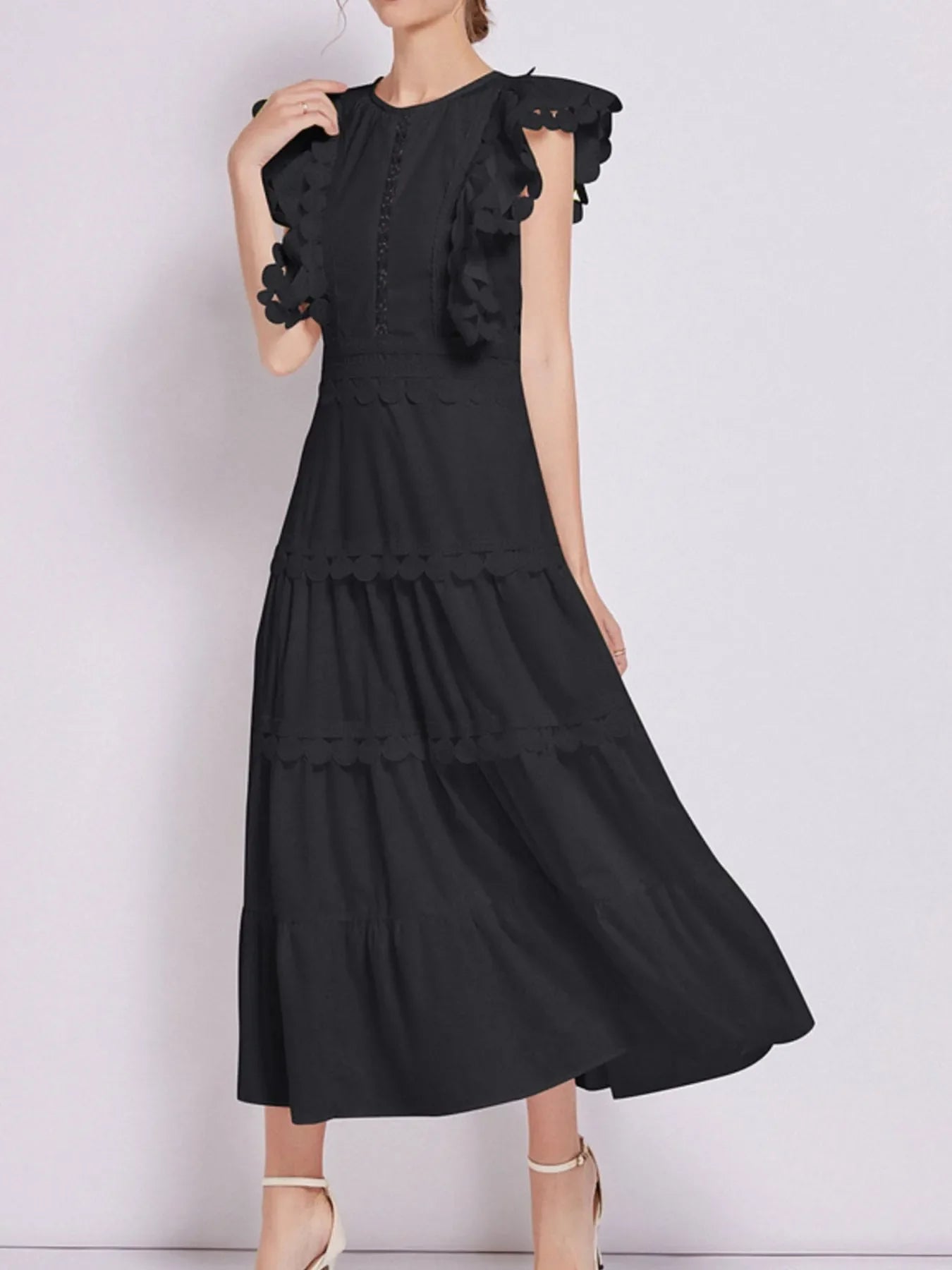 Sleeveless Ruffled Tiered Dress with Embroidered Trim