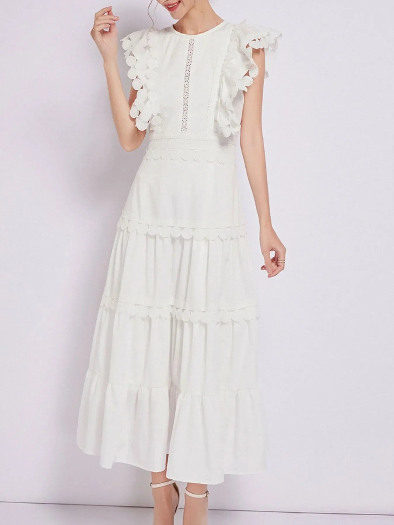 Sleeveless Ruffled Tiered Dress with Embroidered Trim