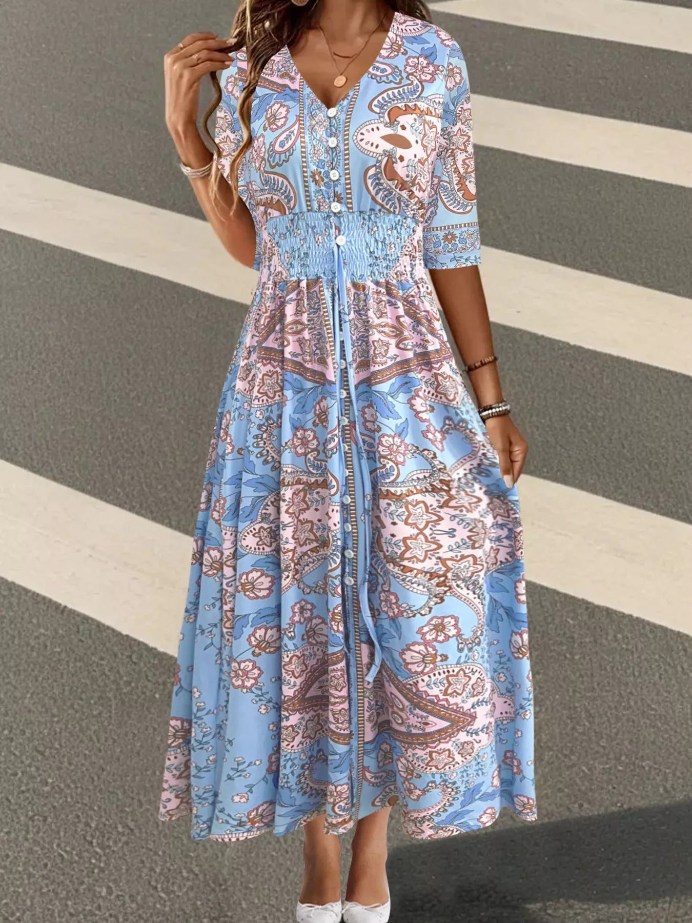 Smocked Printed Half Sleeve Dress