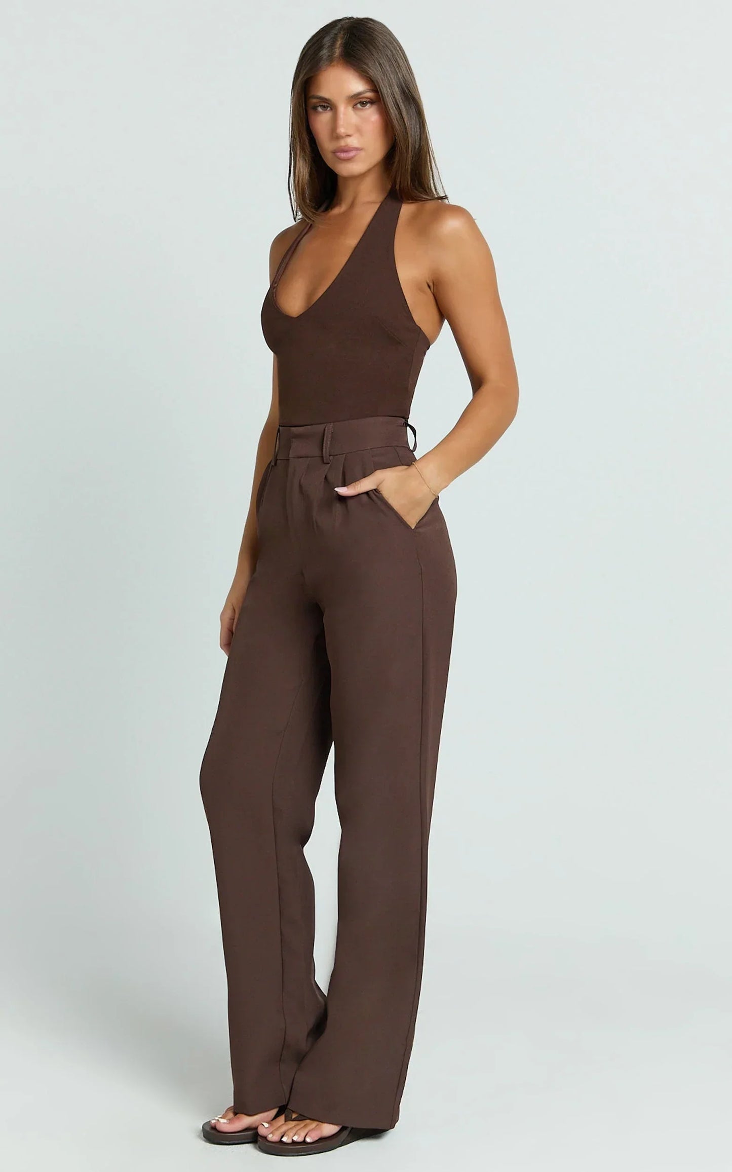 Melissa Pants - Pleat Front Wide Leg Tailored Pants in Chocolate