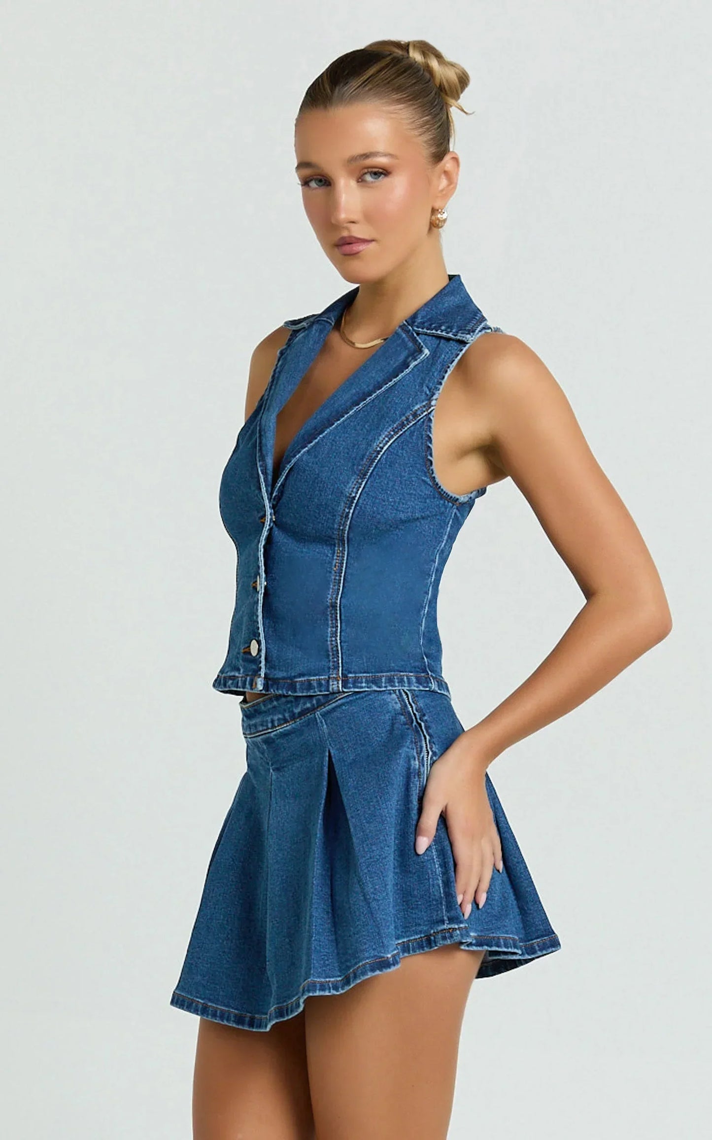 Nikita Top - Button Down Denim Vest Top in Dark Blue Wash