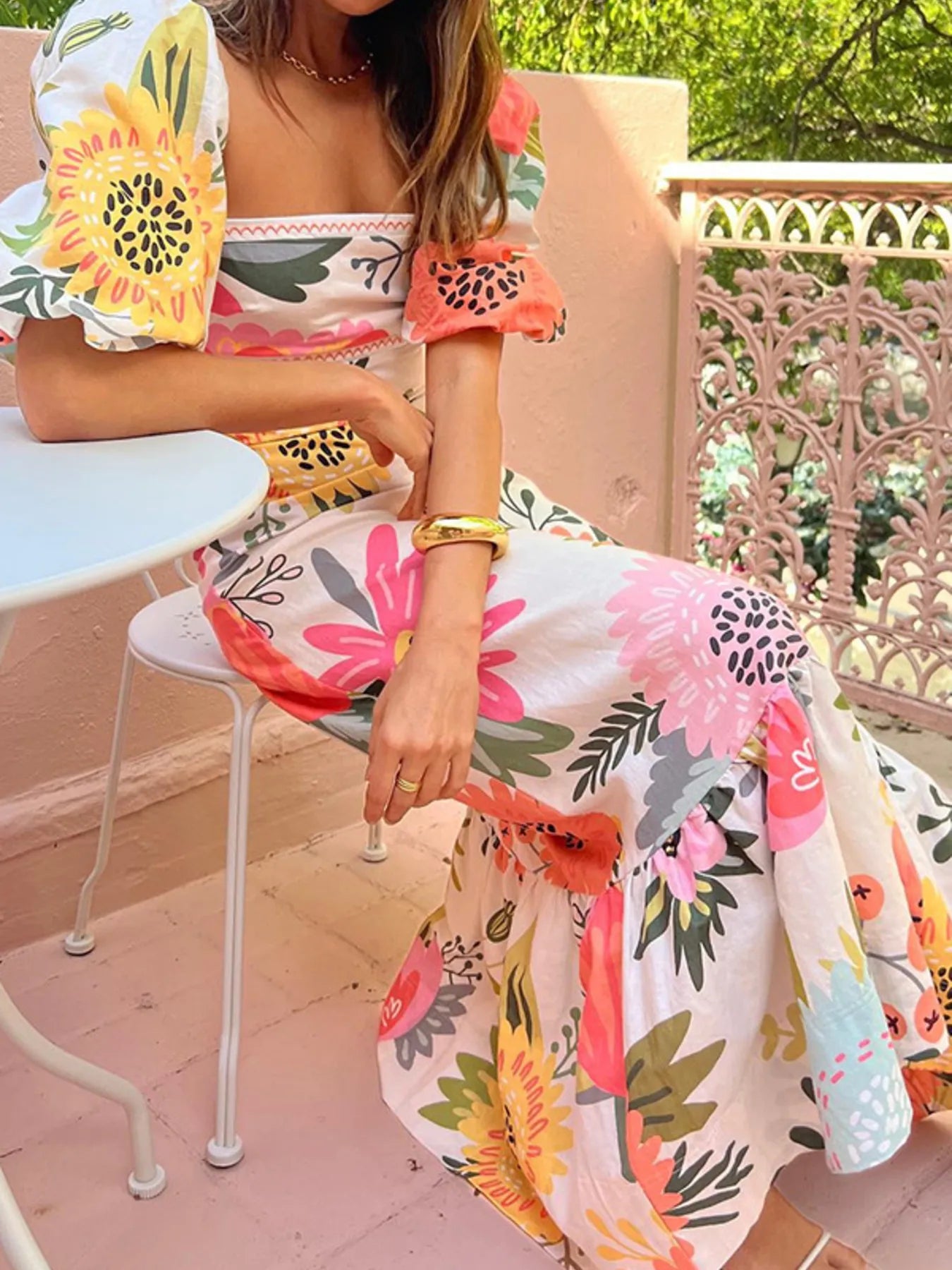 Floral Square Neck Puff Sleeve Maxi Dress with Ruffle Hem