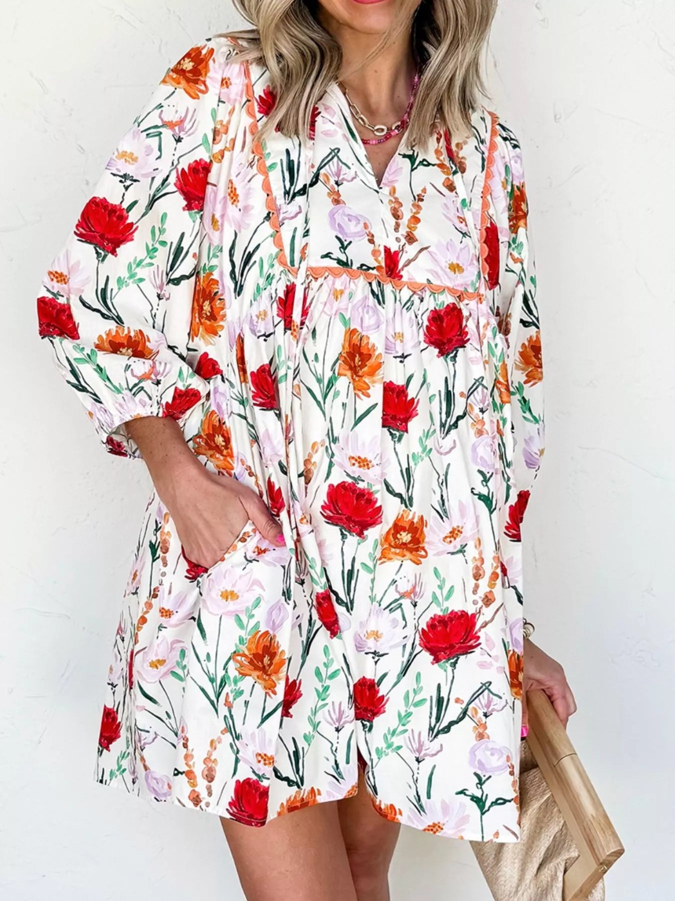 Floral Print 3/4 Sleeve Mini Dress