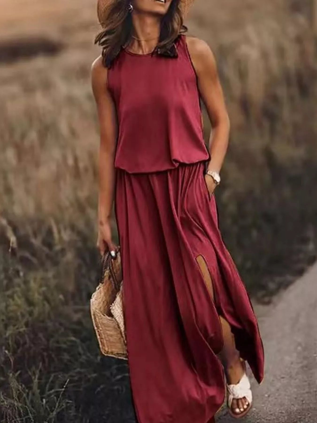 Full Size Round Neck Sleeveless Slit Maxi Dress Plus Size