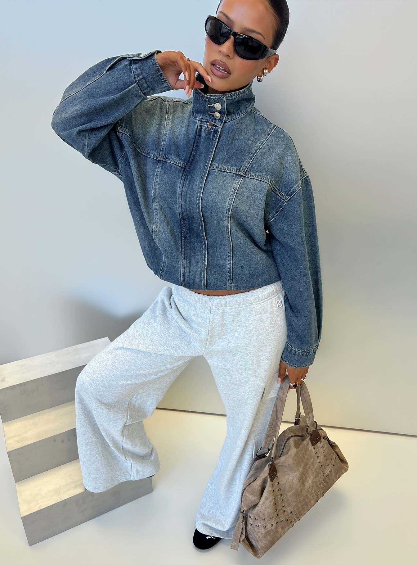 Alfea Funnel Neck Denim Bomber Jacket Mid Blue Wash